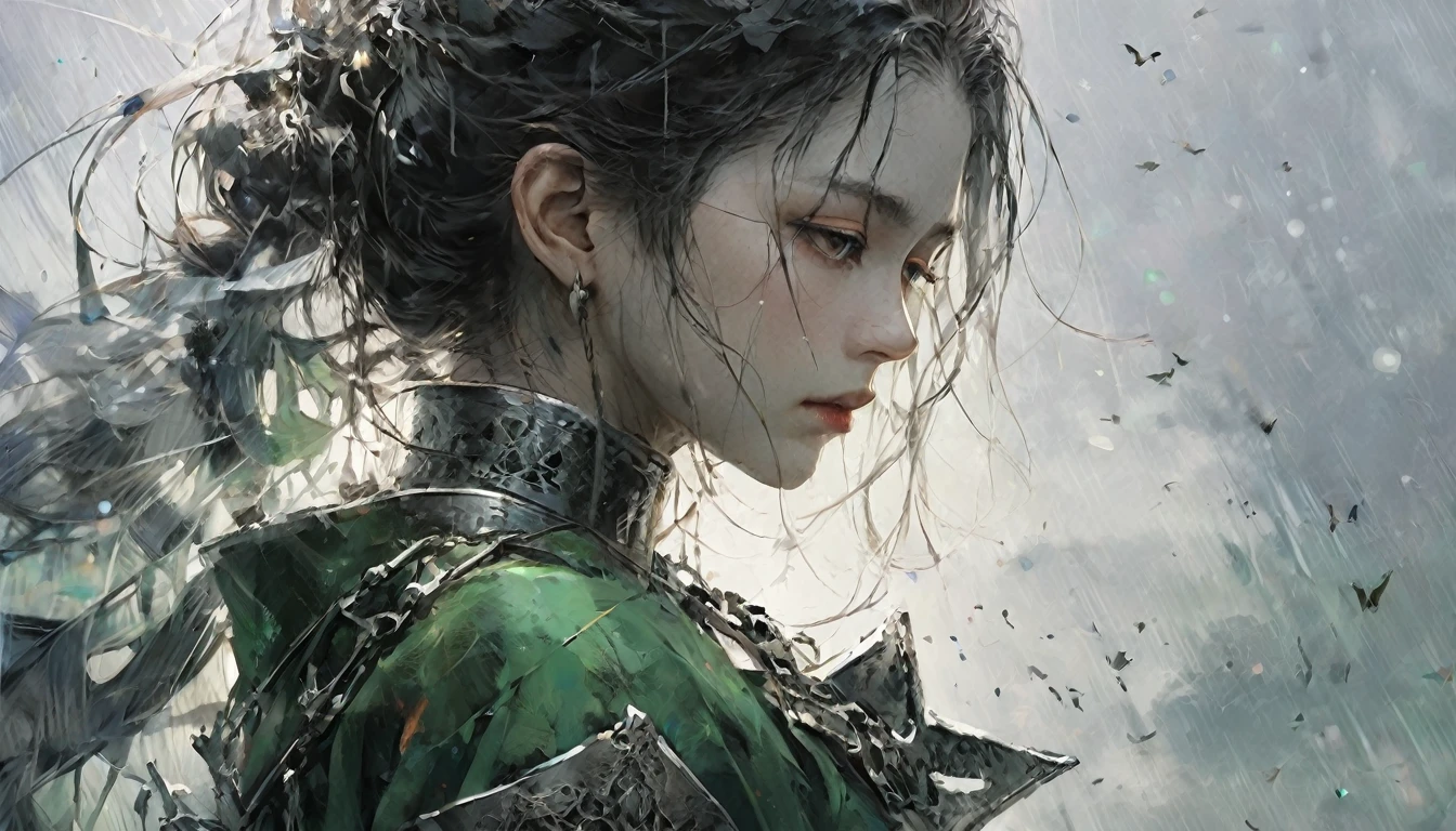 rain、right ,prayer, きれいな女knight, Sad look, Faded elegance,　Waiting for the return , rainに打たれながら祈る , A poignant atmosphere, Lost Beauty, Melancholic mood, Fascinating, Eternal Sadness, Contrasting, Delicate Decay,Line art,Backlight,Wind,Backlight,Stardust,(Wind:1.2),knight,Green Blood, Fire and erfly , Fingers are both methods５Book, Woman warrior,A heartbreaking war story,