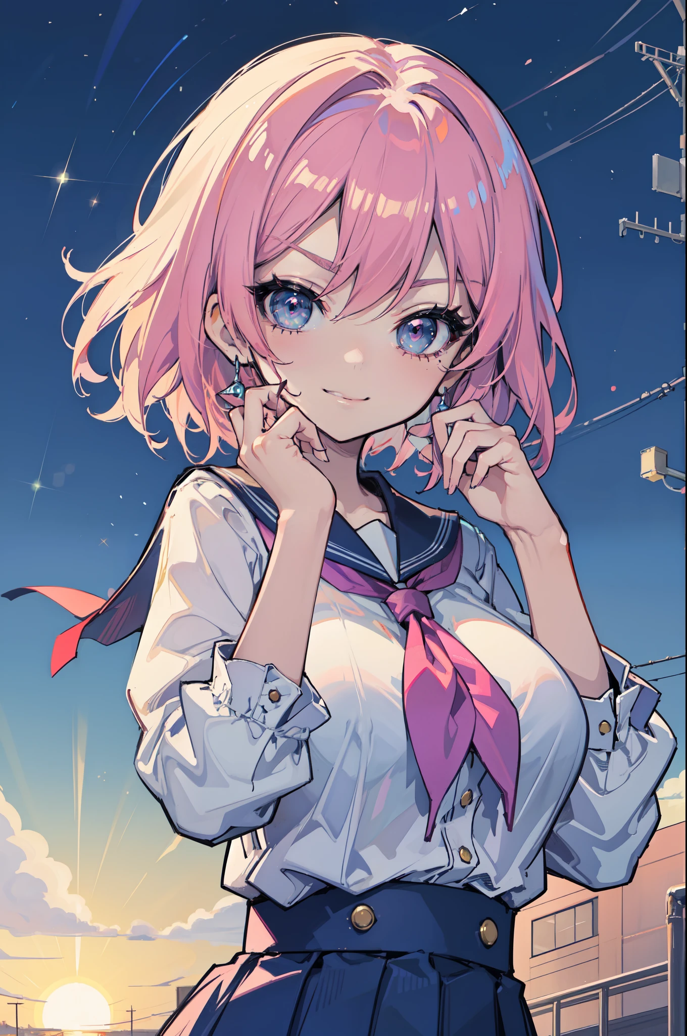 (hentai:1.1), (Ideal:1.1), (perfect:1.1), (flawless:1.1), (highest quality:1.2), (best quality:1.2), (sunset:1.1), 1girl, (kawaii:1.1), (school uniform:1.1), cute girl, (little girl:1.1), (child:1.1), (loli:1.1), (naughty smirk:1.2), detailed body, huge breasts, short hair, highly detailed eyes, highest quality eyes, detailed hands, 4K, highest quality resolution, best quality resolution, best quality upscale, niji