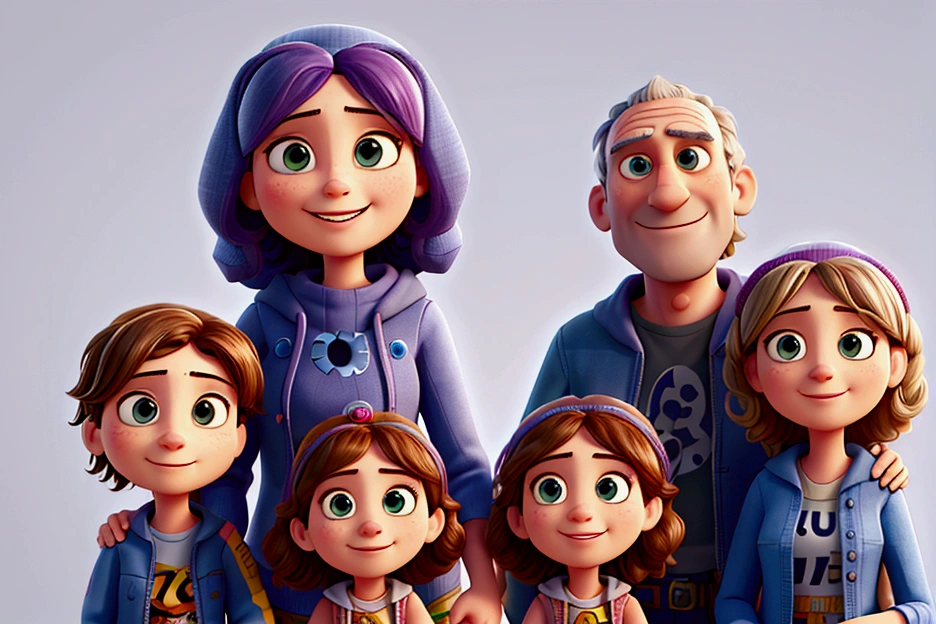 A happy family. The mother covered head in front, The father with the girl and a teenage girl behind. extremely detailed, full colors, saturated, sharp, pixar