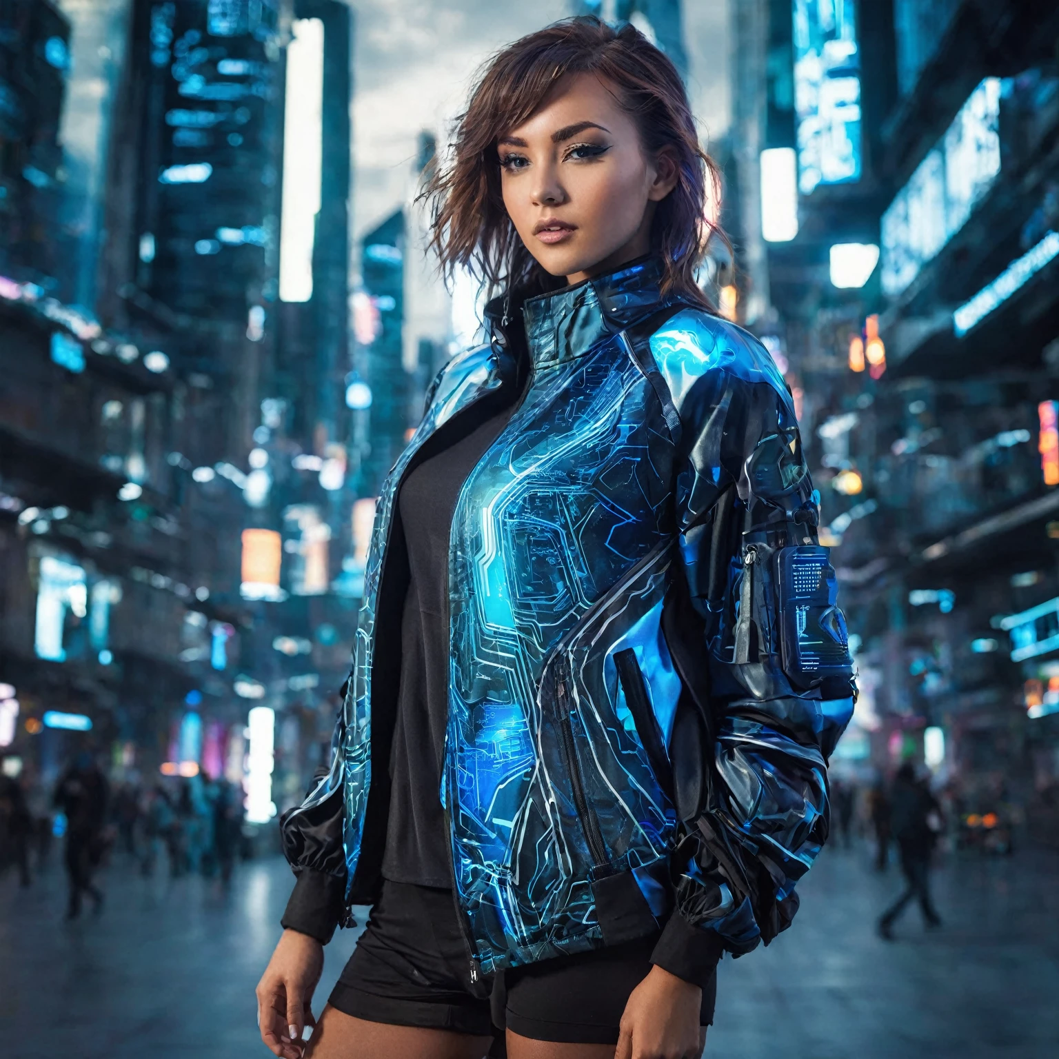 Create a girl in Futuristic City With futuristic Jacket