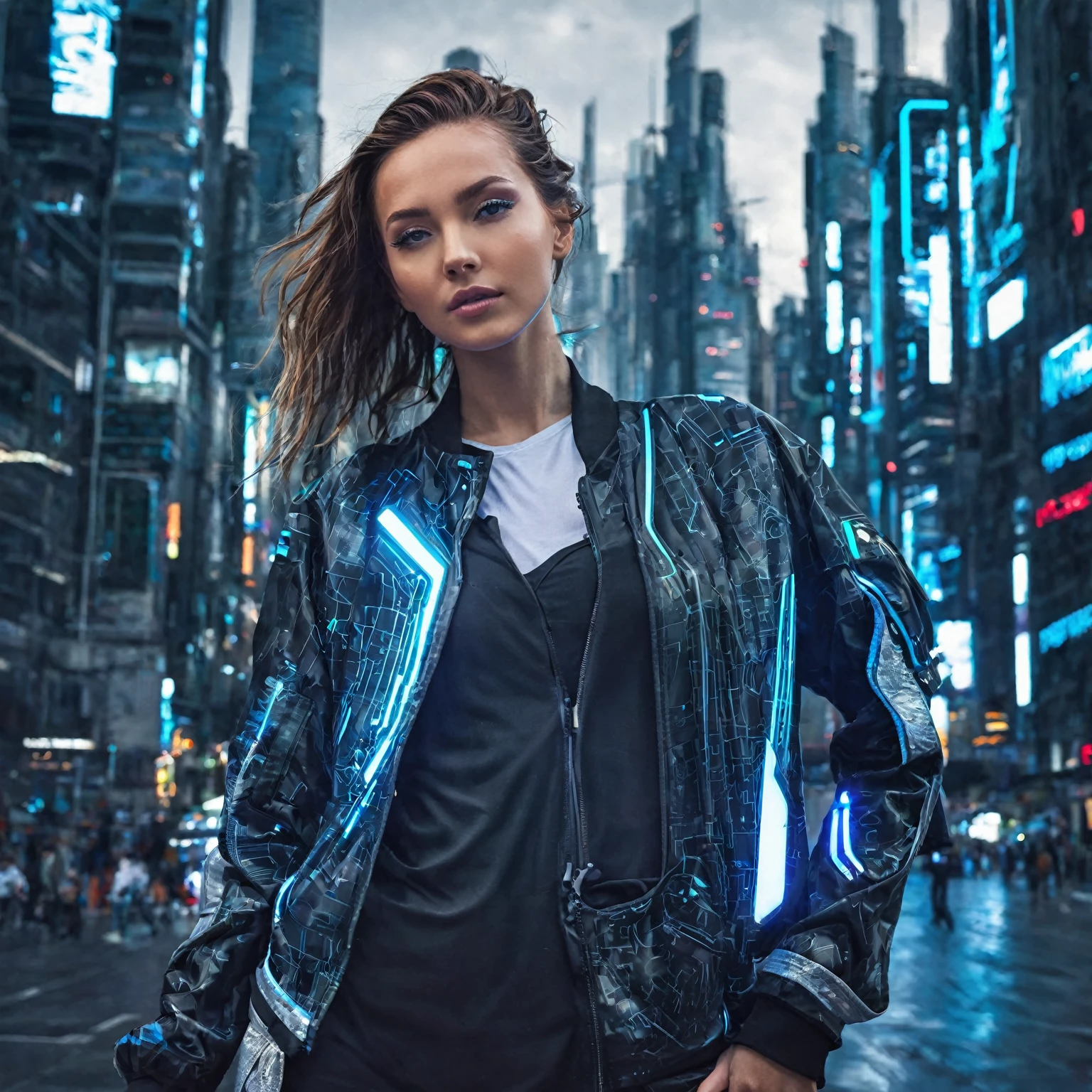 Create a girl in Futuristic City With futuristic Jacket 