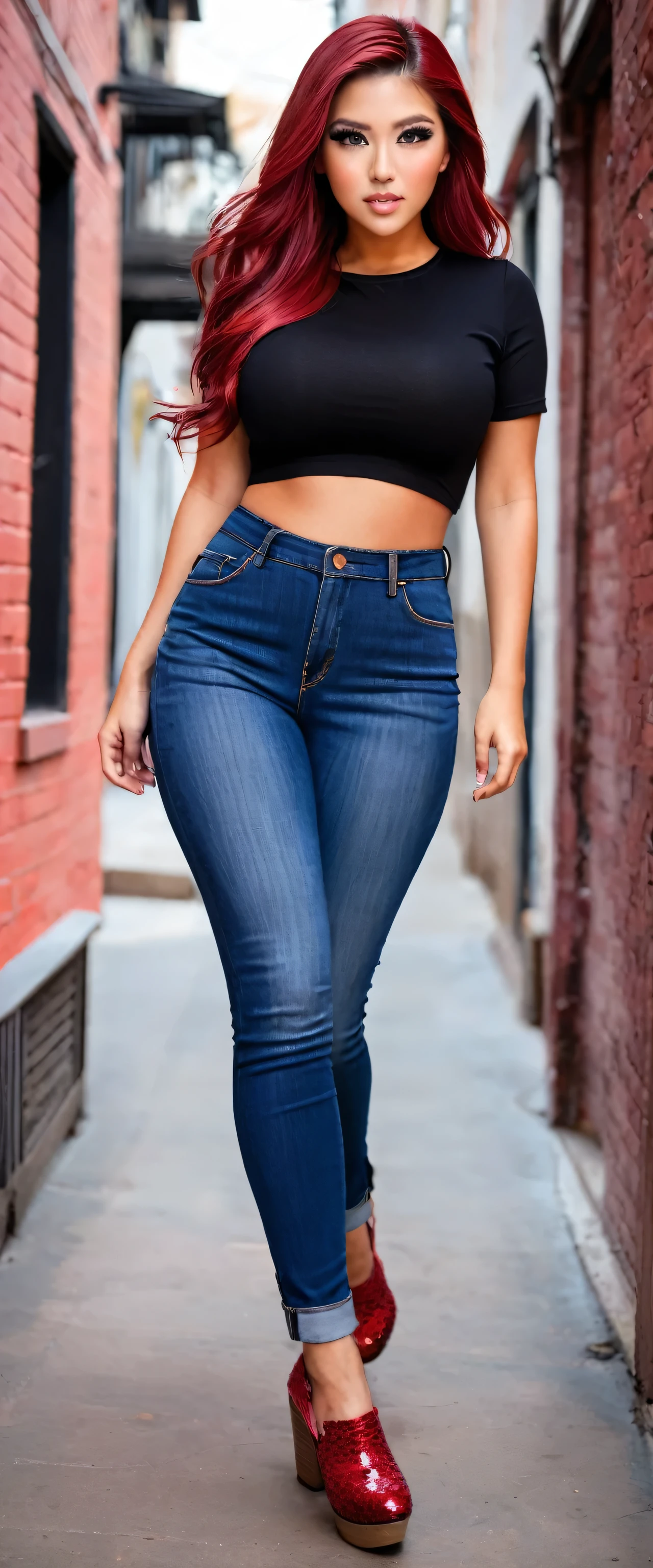 A fire girl sexy big breast beautiful action hair shape autumn dark red cut her eye pink eyelash fire red dresses black top short sleeve shows navel sexy curve and a denim pants brown shoe