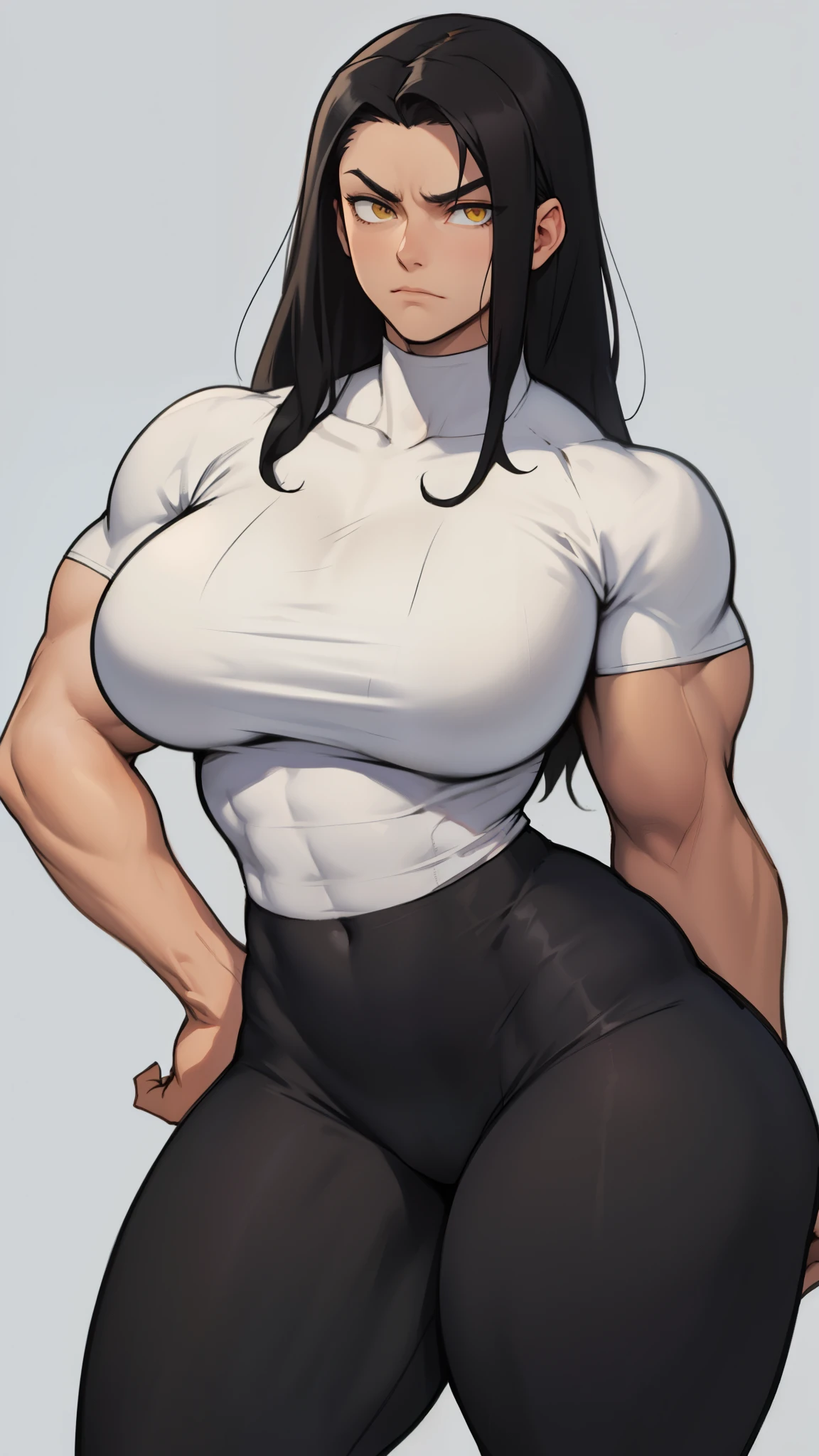 ((grey background)), solo, ((1 girl)), very long hair, black hair, angry, yellow eyes, ((muscular)), ((huge tits)), ((thick thighs)), ((wide hips)), pale skin, (tight shirt), (tight pants), standing