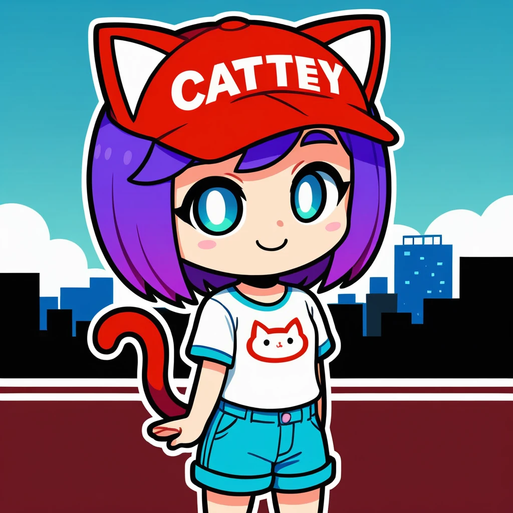 source_anime, score_9, score_8_up, BREAK 1girl, chibi, cat ears, baseball hat, shirt, shorts, city background, smile