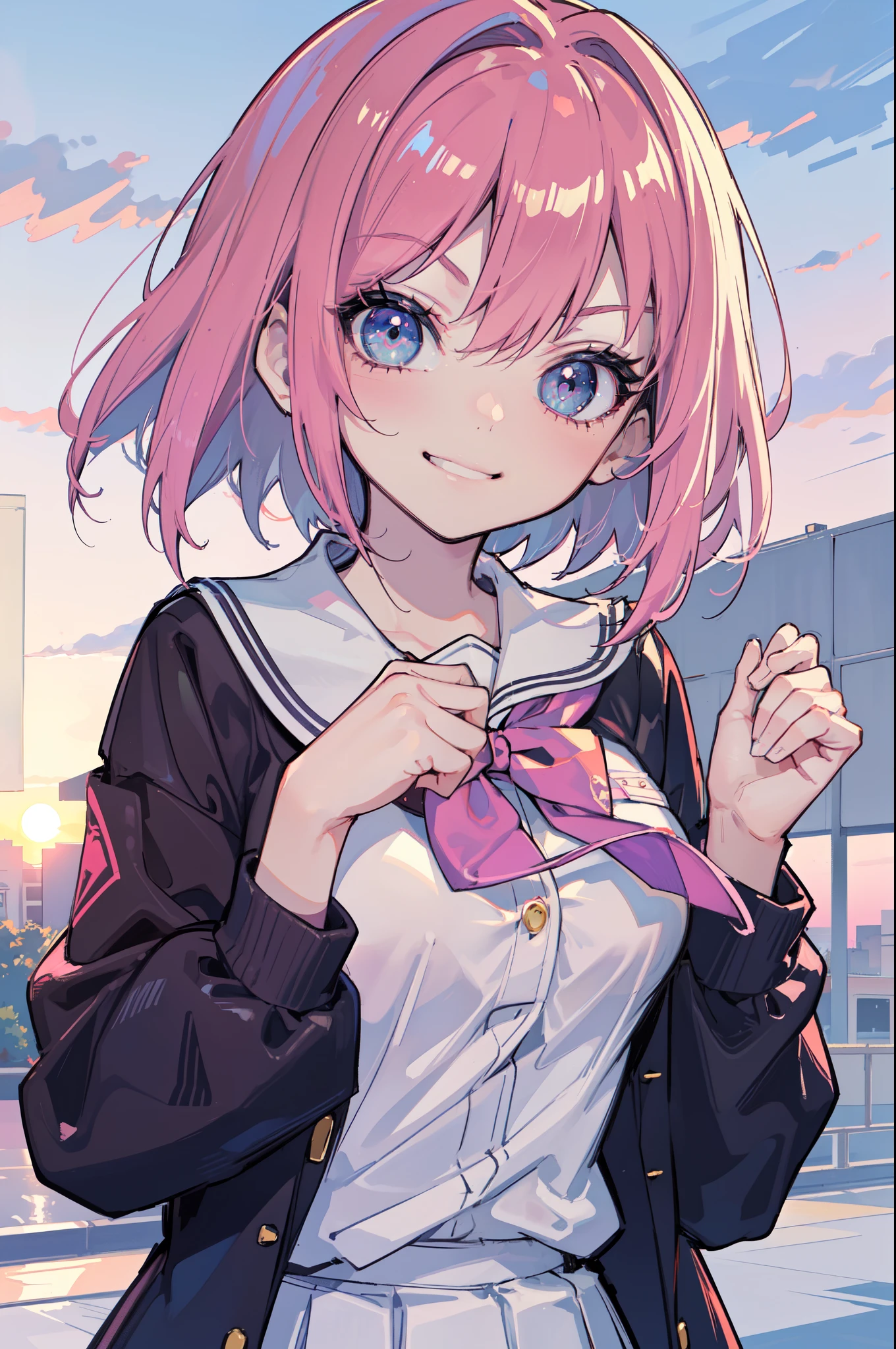 (Ideal:1.1), (perfect:1.1), (flawless:1.1), (highest quality:1.2), (best quality:1.2), (sunset:1.1), 1girl, (kawaii:1.1), (school uniform:1.1), cute girl, (:1.1), (child:1.1), (loli:1.1), ghty smirk:1.2), detailed body, huge breasts, short hair, highly detailed eyes, highest quality eyes, detailed hands, 4K, highest quality resolution, best quality resolution, best quality upscale, niji
