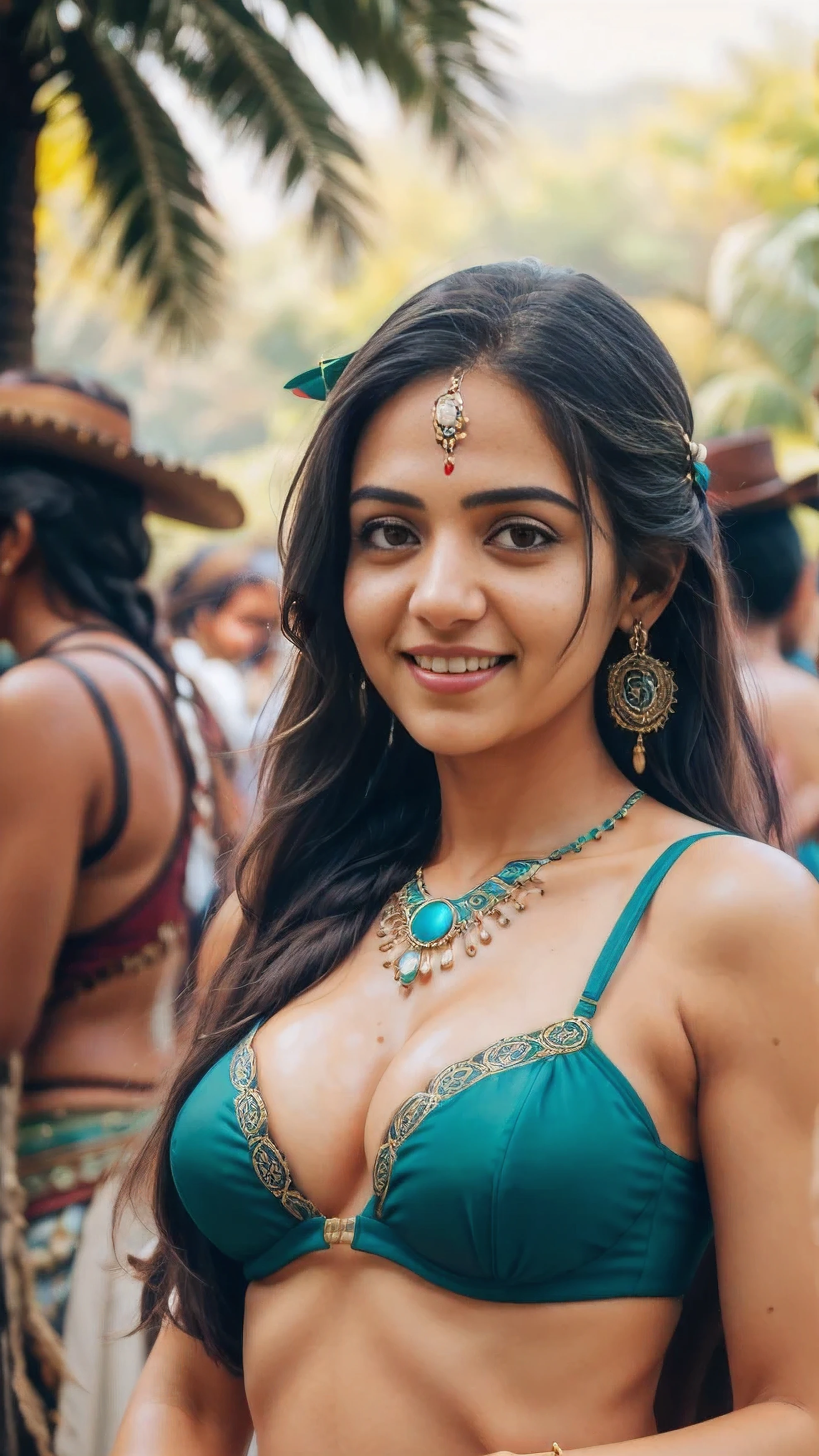 ((masterpiece)), ((best quality)), ((highres)), extremely detailed)), 1Girl, Solo Elguru, a beautiful 40-year-old south asian woman, Pocahontas, full body shot, medium breasts, (super realistic), (peerless beauty), detailed skin texture, detailed cloth texture, beautiful detailed face, intricate details, ultra detailed, indigenous feather jewelry, feather headdress, traditional handmade green bra and dress, armed female hunter warrior, (((wild west))) environment, smile, in the village, ((surrounded by people)), ((dance pose)) back to the camera, ultra realistic, concept art, elegant, ((intricate)), ((highly detailed)), depth of field, ((professionally color graded)), soft ambient lighting, dusk, (Best quality, A high resolution, Photorealistic, primitive, 8K,Masterpiece), filmgrain, bokeh:1.2, Lens flare, (vivd colour:1.2)