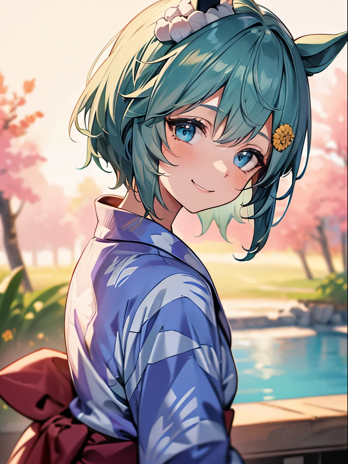 seiunsky, hairclip, hair flower, horse ears, horse tail, 1 girl, Solo, Cute Girl,Best Quality, Ultra-detailed, 8K, High resolution, detailed face, madeon, (((yukata))), light smile, looking back, 