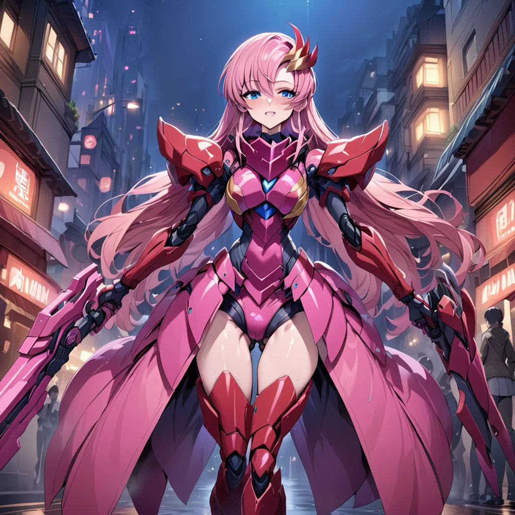 ((Highest quality)), ((masterpiece)), (detailed), (Perfect Face)、The woman who is a mechanical weapon, whose entire body has become completely mechanical and no fleshy parts remain, is the mechanical weapon Lacus Clyne, with blue eyes and semi-long pink hair. Her entire body has been mechanized and turned into a weapon, and she is a beautiful female mechanical weapon with a sexual function.、In the city of the near future at night, there is a female mechanical weapon whose entire body is mechanical.、A completely mechanical weapon woman