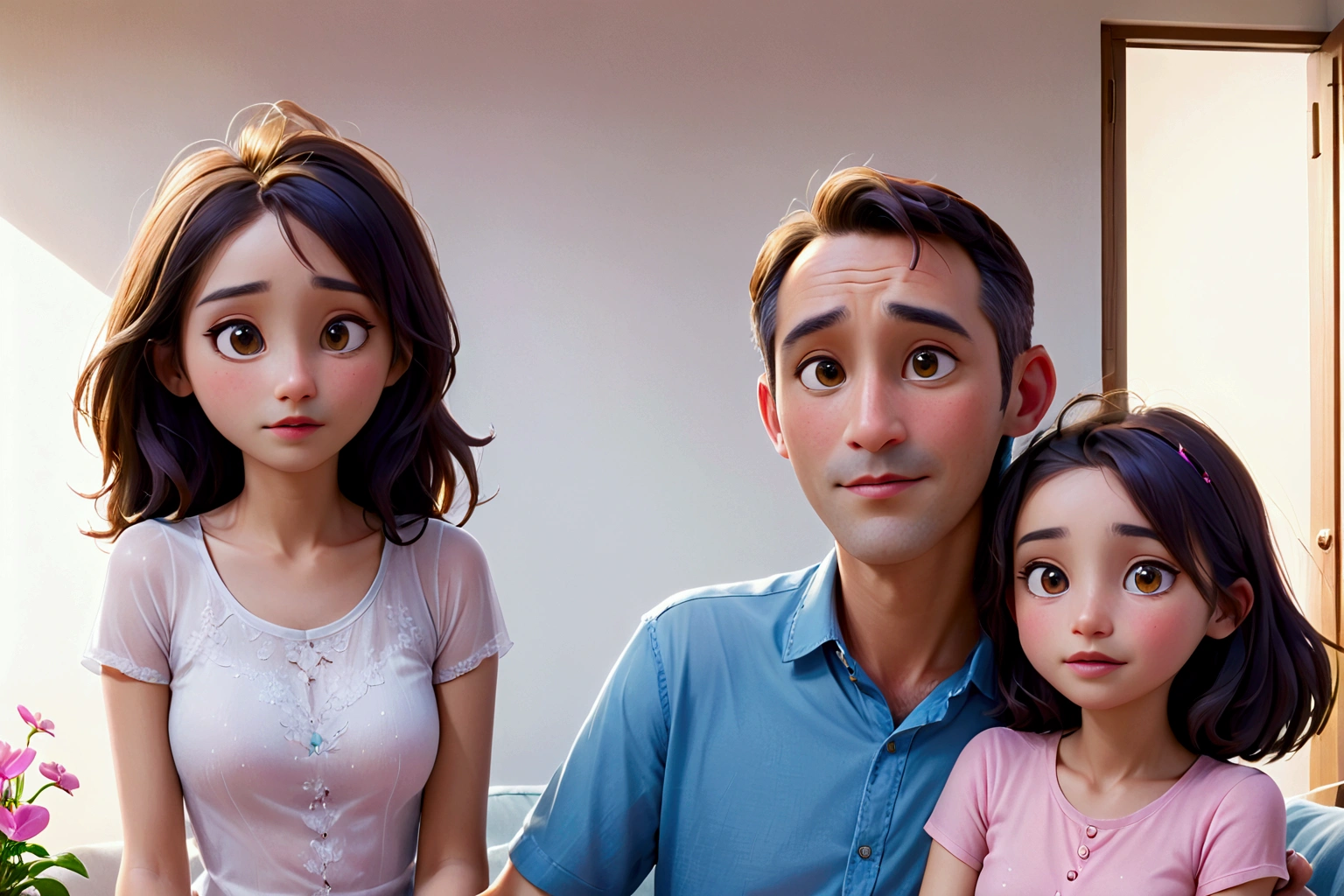 At home a happy family. The mother covered head in front, The father with the girl and a teenage girl behind. extremely detailed, full colors, saturated, sharp, pixar
