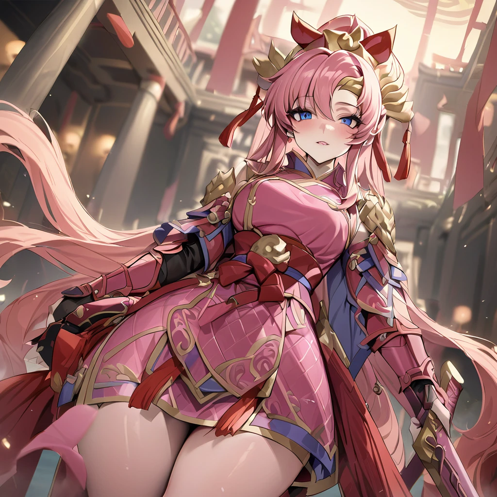 ((Highest quality)), ((masterpiece)), (detailed), （Perfect Face）、The female ancient Chinese warrior is Lacus Clyne, with blue eyes, pink semi-long hair, and is wearing luxurious ancient Chinese warrior equipment, a sword, and a luxurious headdress.、There are beautiful female warriors in the palaces of ancient China