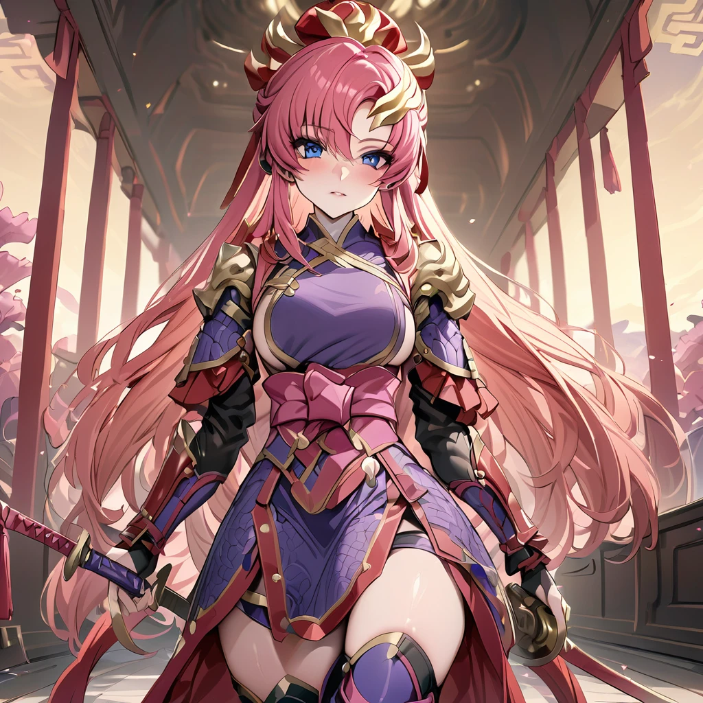 ((Highest quality)), ((masterpiece)), (detailed), (Perfect Face)、The female ancient Chinese warrior is Lacus Clyne, with blue eyes, pink semi-long hair, and is wearing luxurious ancient Chinese warrior equipment, a sword, and a luxurious headdress.、There are beautiful female warriors in the palaces of ancient China