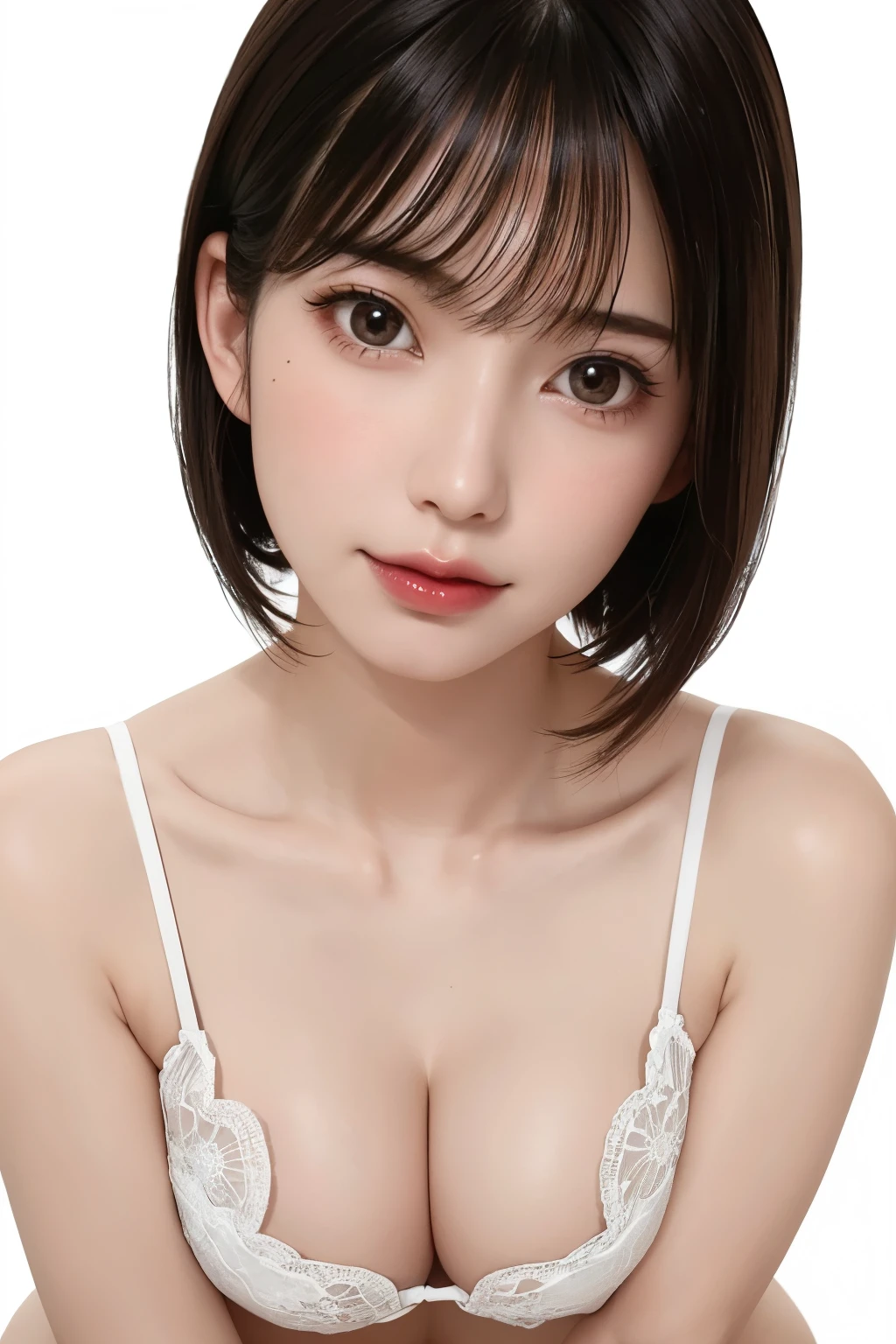 ((masterpiece, Highest quality, High resolution、Everything is beautifully detailed)), 1 girl, (Realistic: 1.4), alone, White Background, snow-White Background, Mouth closed, smile, smile, Beautiful black hair, short hair, Big eyes, Transparent double eyelids, eyelash, Listen carefully, Long neck, 美しくLong neck, Absolute area, ((Face close-up)), (Draw the whole head, shoulder), 19 years old, Attractive proportions, Glowing Skin, Beautiful clavicle, Golden ratio face, Perfect Face, Teardrop-shaped mole, chestのほくろ, bangs, clean bangs, beautiful bangs, Lip gloss, Thin lips, Fair skin, naked, Big Breasts, {Huge|big|Hugeな|Mega} chest, chestの谷間,Small face, Small face, All the heads are painted, shoulder all drawn, Point slightly above the camera、Natural light