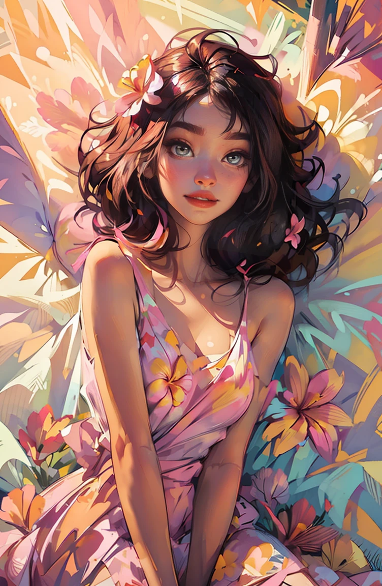 1girl, solo, flower, dress, dark colorful hair, big smile, vibrant colors, plumeria flowers, lying, white silk dress, pink yellow plumeria, on back, lips, makeup, sleeveless, floral print, super detail face eyes lips