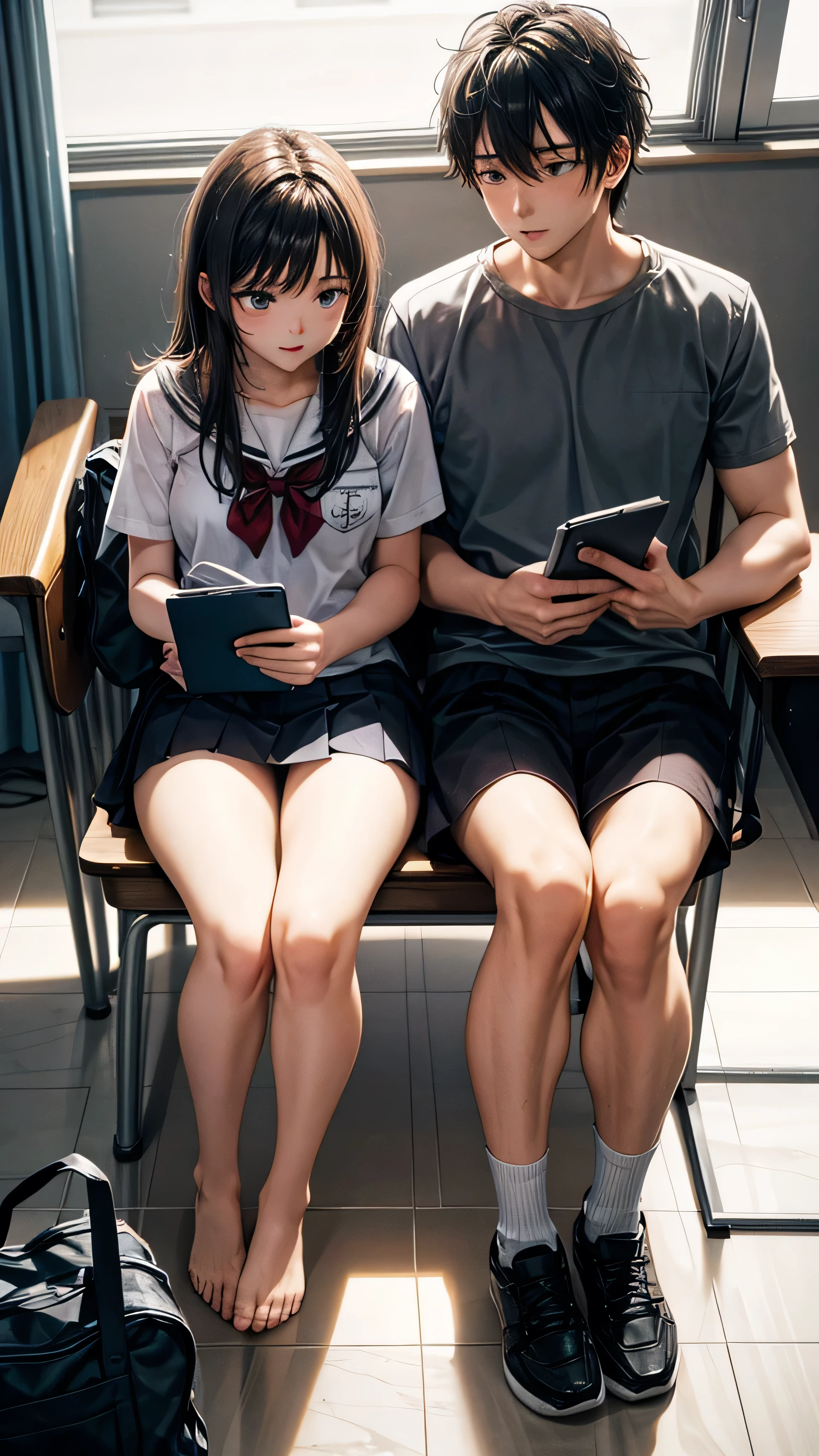 A couple is studying in school. It is evening. The couple is wearing short clothes.