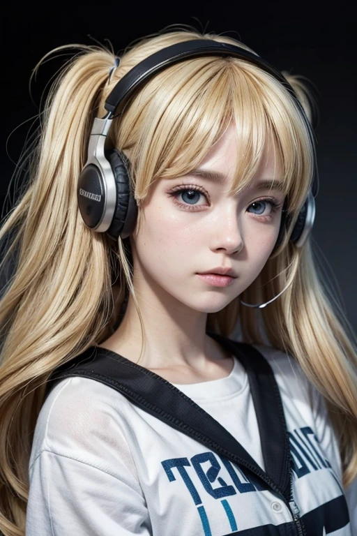 I want you to create an anime character, she is looking at the camera very cartoon, with blonde hair and headphones, nome dela é repeatchan, make her very cute, com um background de mundo futurista, with manga drawing style