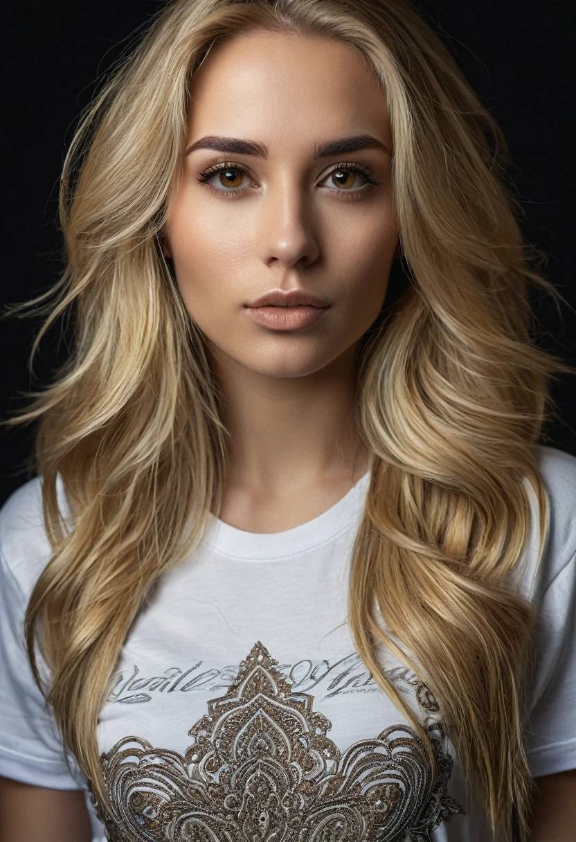 Portrait of a stunning woman with piercing brown eyes and long flowing blonde hair, wearing T-shirt, realisitic, Intricate details in clothing and facial features, studio lighting to increase image depth and realism