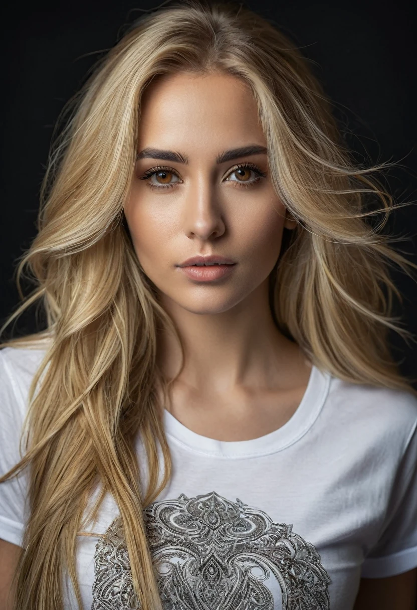 Portrait of a stunning woman with piercing brown eyes and long flowing blonde hair, wearing T-shirt, realisitic, Intricate details in clothing and facial features, studio lighting to increase image depth and realism