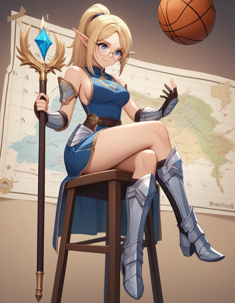 Solo, Thin tall elf woman, solo, blonde hair , pony tail hair style, puzzled face, sweat, glowing blue eyes, full body shot, attractive smile, perfect slim body, wearing a chain tabard, blue armored skirt, metal armored boots, circular glasses, visible arms, gauntlets with ice on them, carrying a large magical staff, holding a map in one hand. Face is confused, puzzled expression, mid angle shot, one hand holding map, one hand throwing a basketball behind her. looks lost, sitting on stool, in magical academy, hair is up in ponytail, adult female, long legs.