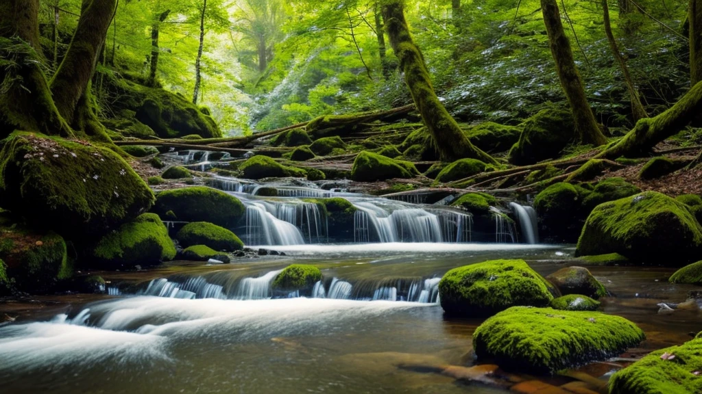 mossy rock、Forest Stream、Waterfall visible in the distance、Sunlight filtering through the leaves、View from the riverside、Crystal clear water surface、Realistic high-definition depiction、The murmur of the forest、Sunlight filtering through the trees