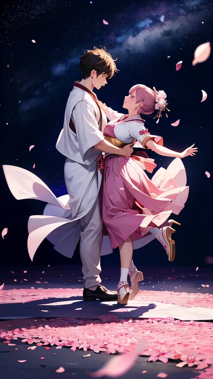 Sky background with sakura petals, space fantasy landscape Foreground, full-length general plan, guy and girl dancing waltz.
They are wearing traditional Japanese festival clothes or something like formal ball clothes..