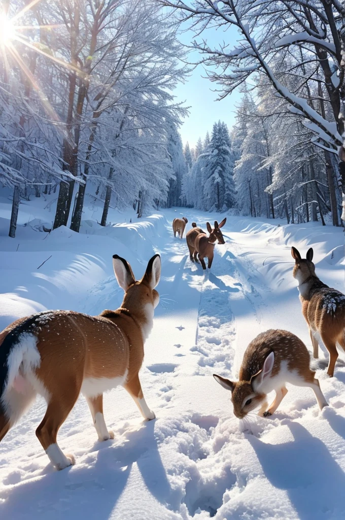 A realistic scene of various animals playing and chasing each other in the snow. Rabbits, deer, foxes, dogs, and other animals are running around together in the snow. The snow is fluffy and covers the surrounding trees and plants. The animals are joyfully playing, leaving footprints in the snow. The sky is a clear blue, and the sunlight reflects off the snow, making it sparkle.
