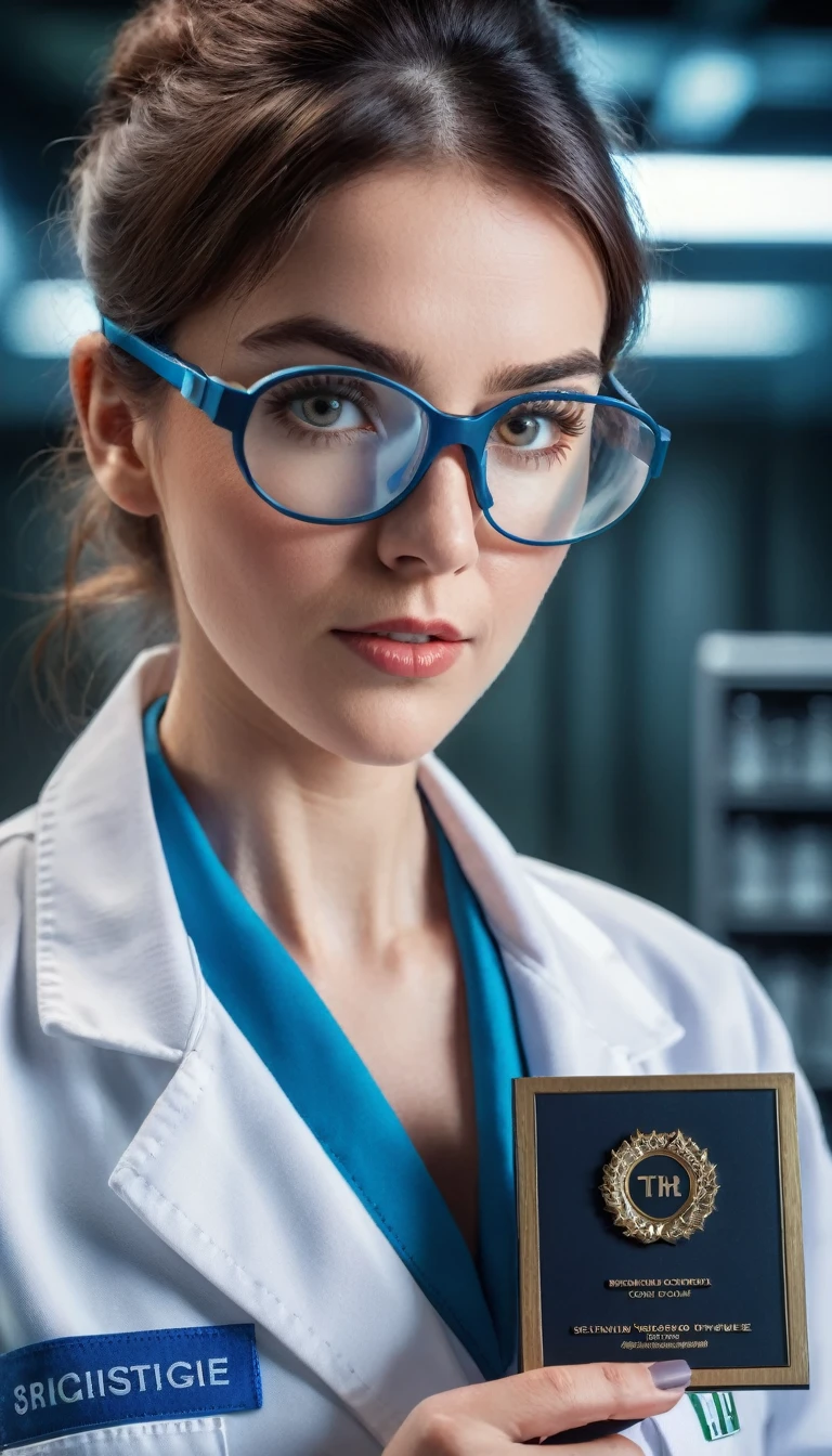 award-winning moment,a woman winning a world science competition, beautiful detailed eyes, beautiful detailed lips, extremely detailed eyes and face, long eyelashes, scientist, holding an award, lab coat, protective goggles, serious expression, dramatic lighting, cinematic composition, muted color palette, hyper realistic, 8k, best quality, masterpiece, photorealistic