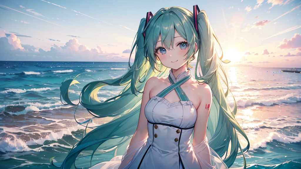 (((Highest quality、masterpiece、Ultra-fine、Ultra-fine、Green Hair,Exquisite、16K、,The best smile,Full HD、Asahi、Top-down angle,Hatsune Miku,))), ((summer,Private Server,Angle from below)))Blue Eyes、Long eyelashes、White skin、(Pale pink lips、Pale pink cheeks、thin and long)、 (((cute,The best smile)), ((One person)) 、(blue sky)) 、 (Standing on the beach, the sound of the waves envelops me as the sun sets in the golden evening.)、