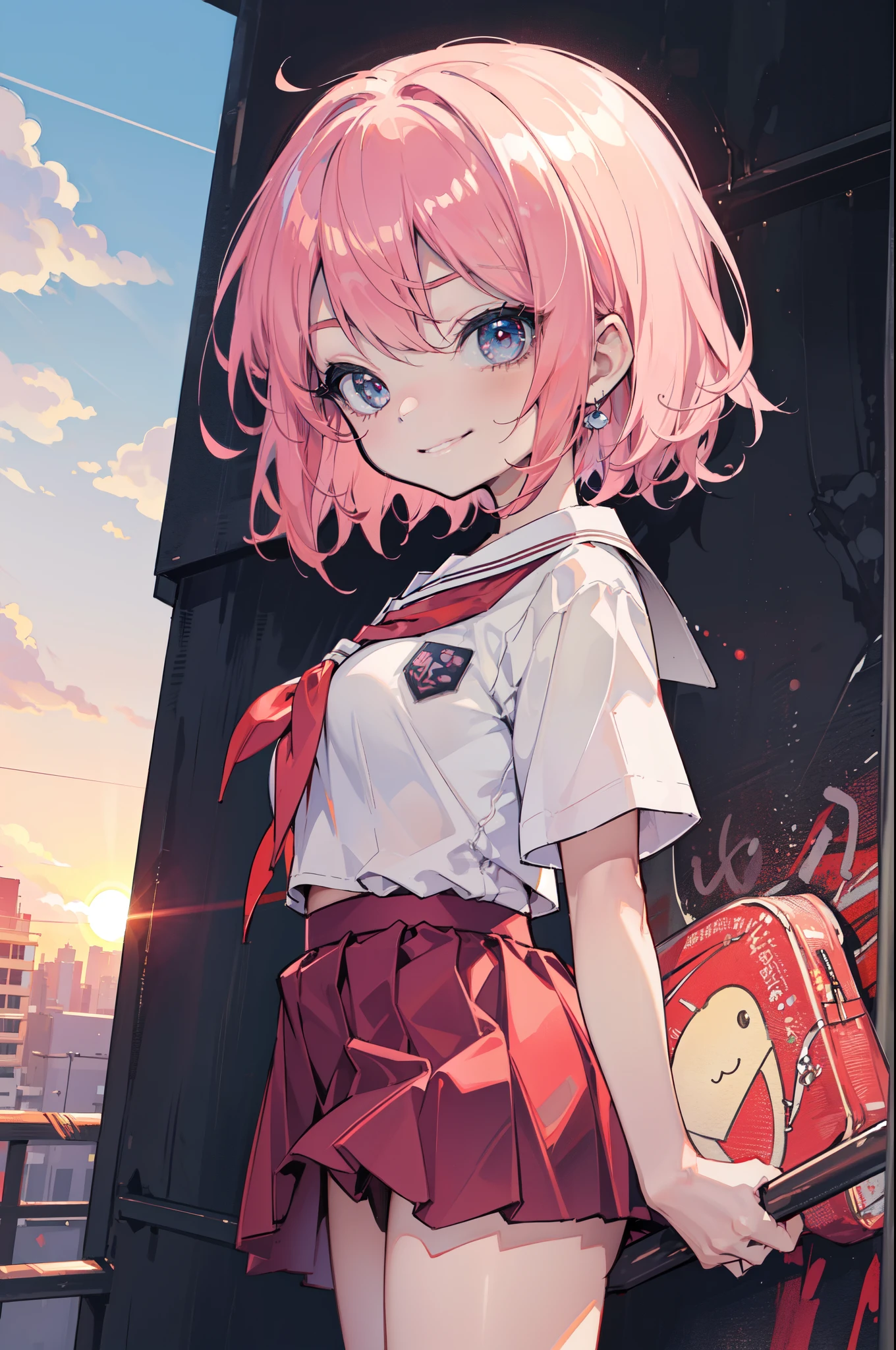 (Ideal:1.1), (perfection:1.1), (flawless:1.1), (highest quality:1.2), (best quality:1.2), (crimson sunset:1.1), 1girl, (kawaii:1.1), (school uniform:1.1), (little girl:1.1), (child:1.1), (loli:1.1), (naughty smirk:1.2), detailed body, huge breasts, short hair, highly detailed eyes, highest quality eyes, 4K, highest quality resolution, best quality resolution, best quality upscale, niji