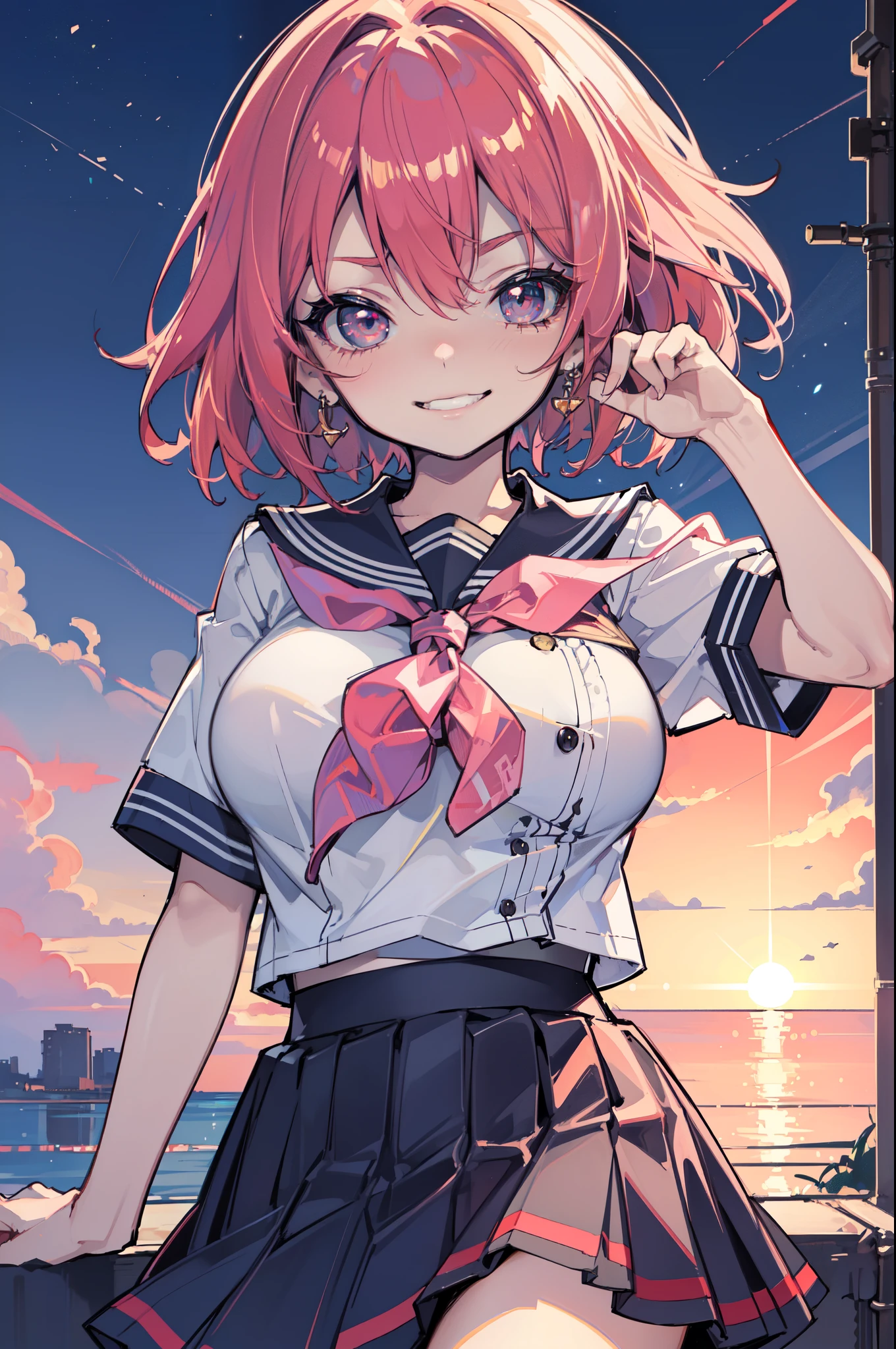 (Ideal:1.1), (perfection:1.1), (flawless:1.1), (highest quality:1.2), (best quality:1.2), (crimson sunset:1.1), 1girl, (kawaii:1.1), (school uniform:1.1), (little girl:1.1), (child:1.1), (:1.1), (naughty smirk:1.2), detailed body, huge breasts, short hair, highly detailed eyes, highest quality eyes, 4K, highest quality resolution, best quality resolution, best quality upscale, niji