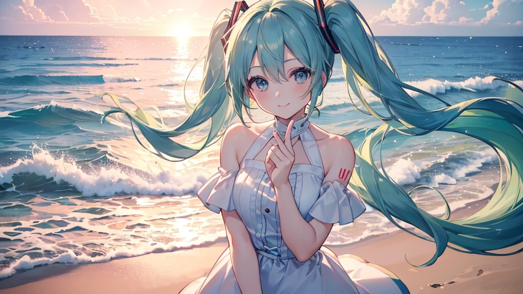 (((Highest quality、masterpiece、Ultra-fine、Ultra-fine、Green Hair,Exquisite、16K、,The best smile,Full HD、Asahi、Top-down angle,Hatsune Miku,))), ((summer,Private Server,)))Blue Eyes、Long eyelashes、White skin、(Pale pink lips、Pale pink cheeks、thin and long)、 (((cute,The best smile)), ((One person)) 、(blue sky)) 、 (Standing on the beach, the sound of the waves envelops me as the sun sets in the golden evening.)、