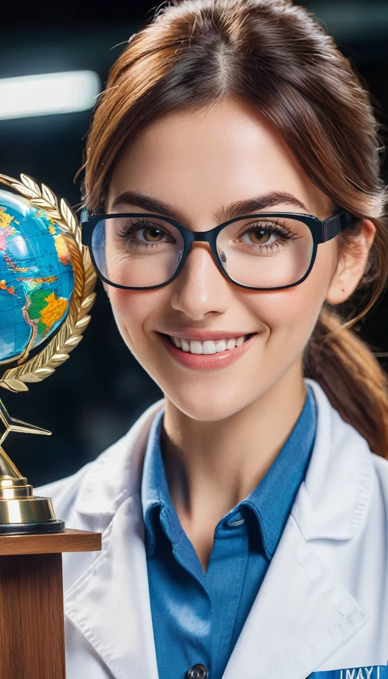 cowboy shot, award-winning moment,a woman winning a world science competition, beautiful detailed eyes, beautiful detailed lips, extremely detailed eyes and face, long eyelashes, scientist, holding an award, smiling, happy, lab coat, protective goggles, serious expression, dramatic lighting, cinematic composition, cowboy shot, muted color palette, hyper realistic, 8k, best quality, masterpiece, photorealistic