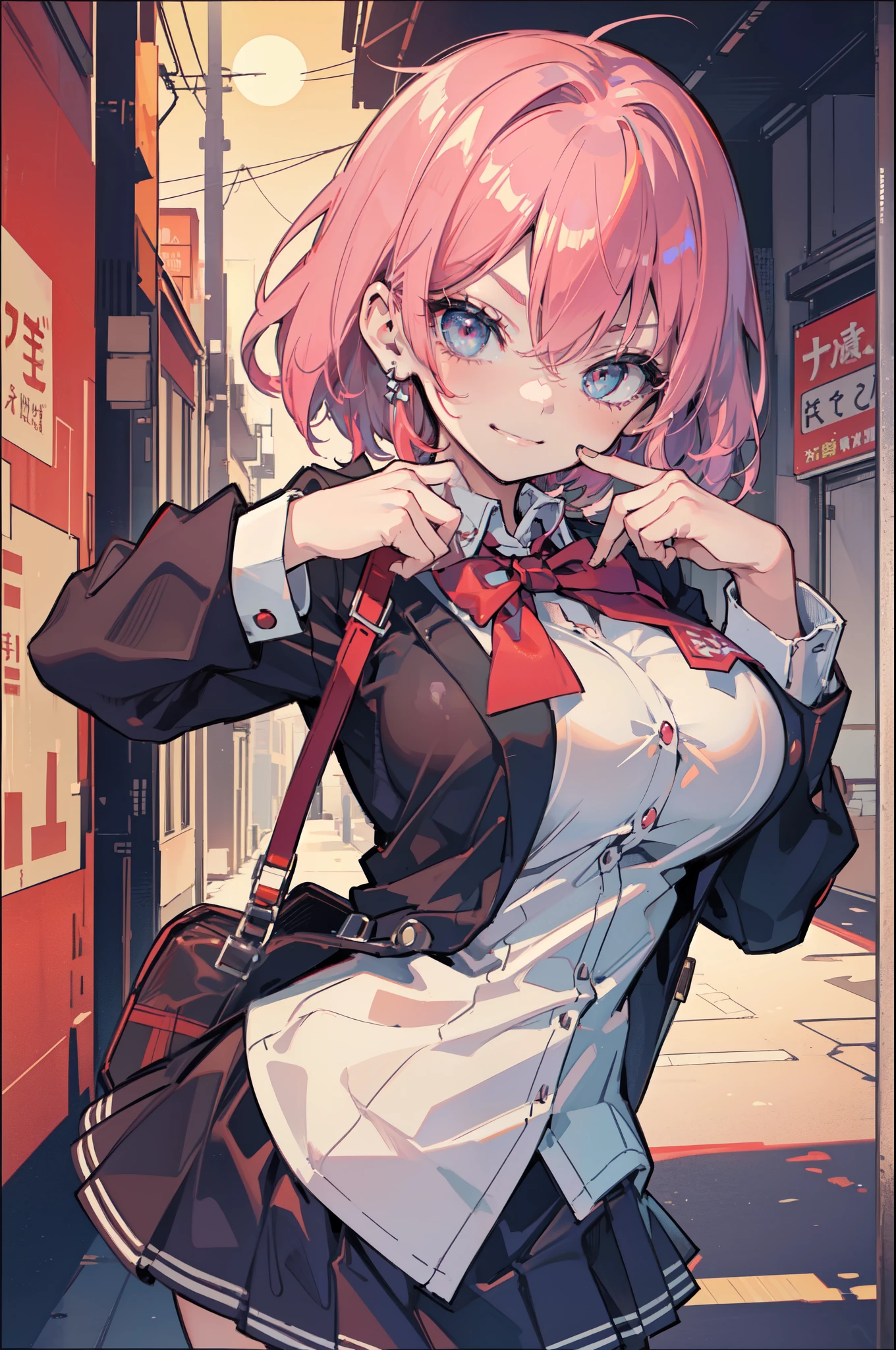(Ideal:1.1), (perfection:1.1), (flawless:1.1), (highest quality:1.2), (best quality:1.2), (crimson sunset:1.1), 1girl, (kawaii:1.1), (school uniform:1.1), (little girl:1.1), (child:1.1), (loli:1.1), (naughty smirk:1.2), detailed body, huge breasts, short hair, highly detailed eyes, highest quality eyes, 4K, highest quality resolution, best quality resolution, best quality upscale, niji