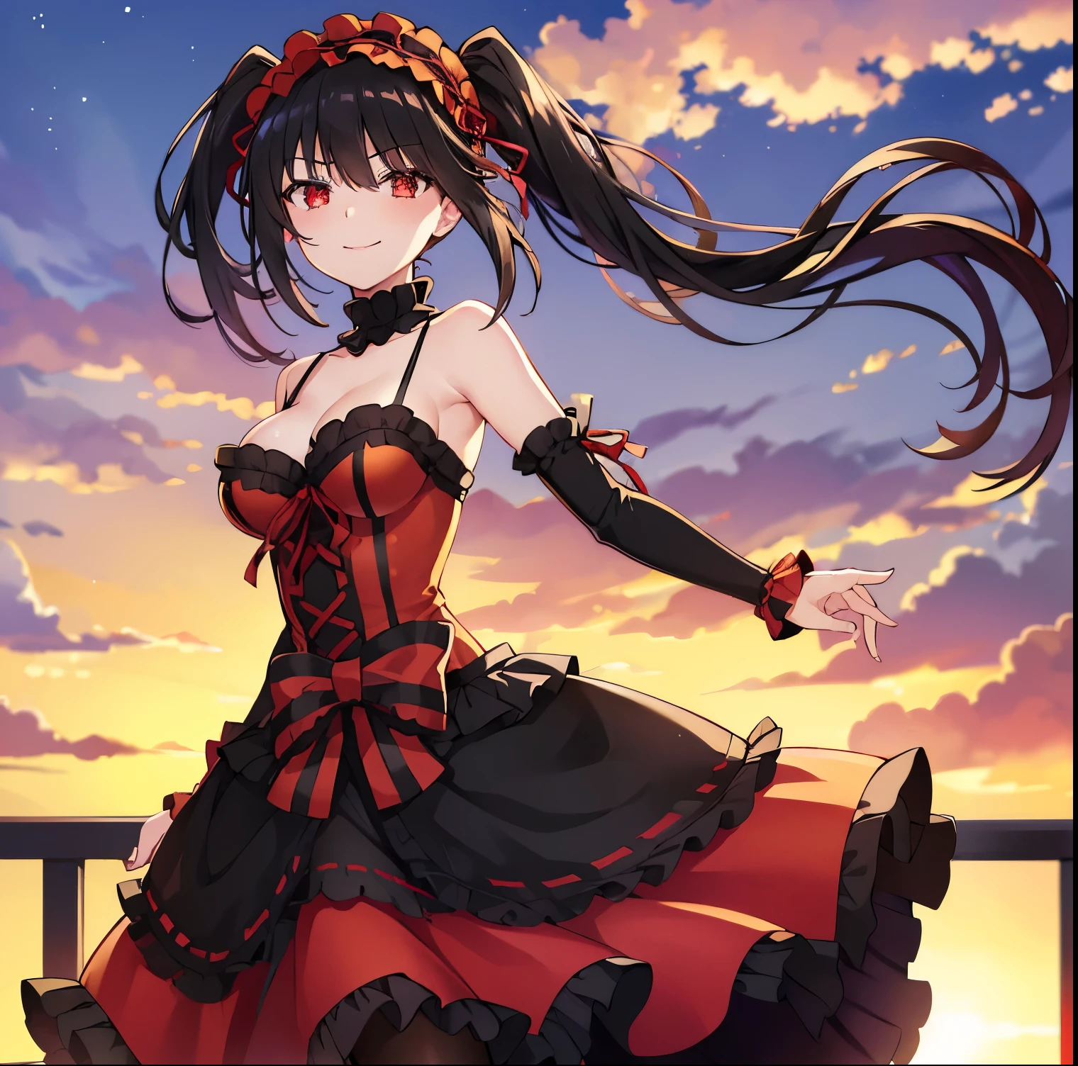 ((1girl)),((alone)), kurumi tokisaki,(masterpiece), (best quality), (ultra detailed), (best illustration), (best shadow), (absurdities), sharp focus, cowboy shot , dynamic posture looking at the viewer, big breasts, narrow waist, wide hips, wide thighs, round butt, erotic, romantic, (very detailed eyes, lips 1.1), very detailed eyes, eyes, Very detailed face, Very beautiful face, height complete, beautiful slim figure, femininity, expressive appearance, elastic large breasts, increased sexuality, long hair, black hair, two pigtails, red headband with red details, (( heterochromia)), red right eye, golden left eye with clock iris ,black pupils, neckline, black choker, red ribbon, bare shoulders, gothic ta dress, red dress, black details, red bow, loose sleeves, black pantyhose, black shoes, , gun in hand, defined body, Perfect and beautiful body, perfect and beautiful, closed mouth, smile, seductive smile, blushing, (sexy pose: 1.2), ((solo)), standing: 1.3, outdoor, city, landscape urban, streets, cloudy sky, clouds, looking forward, ((focus on breasts), point of view: (from Middle)), red blush, perfect anatomy, perfect hands