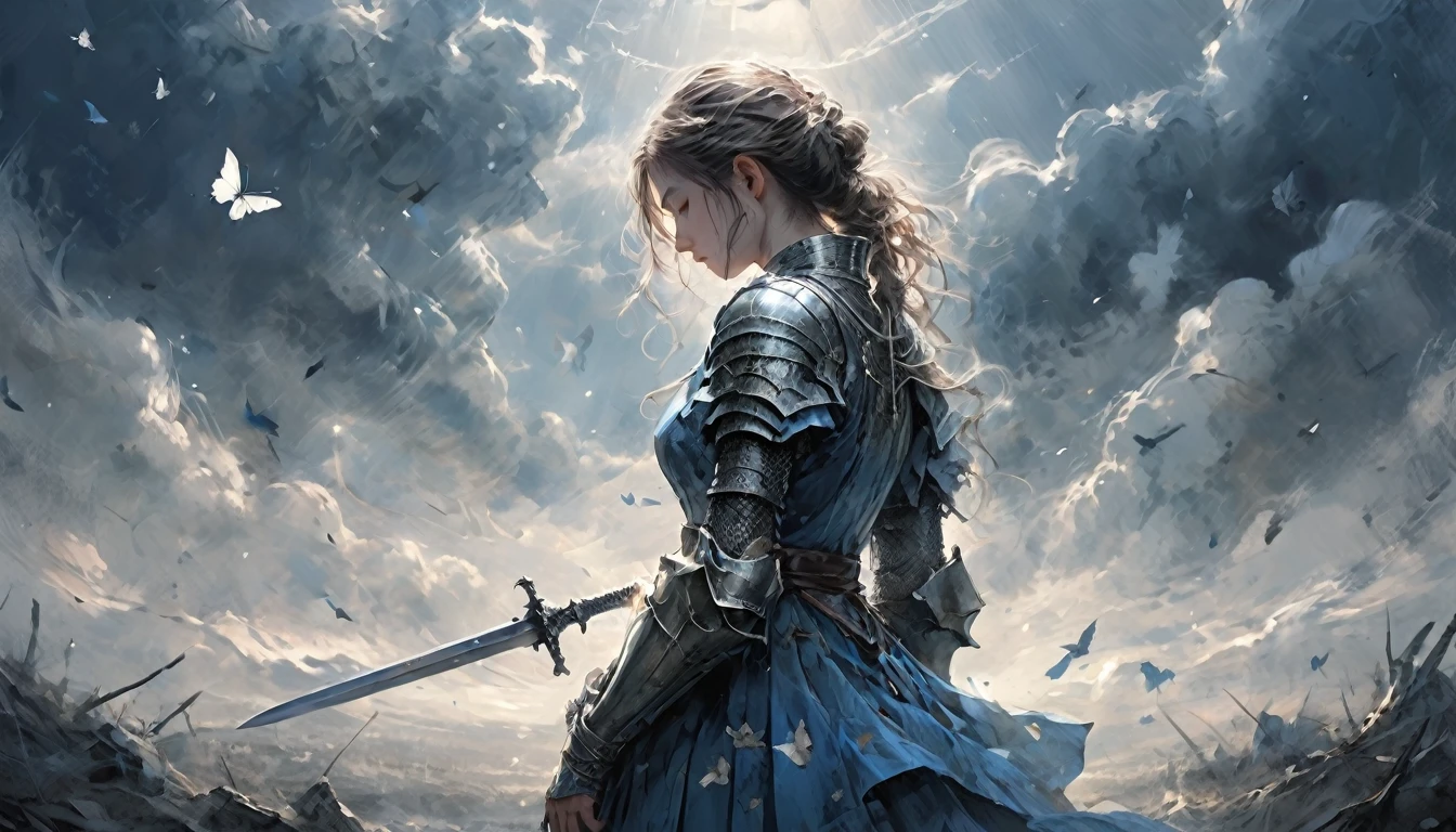 rain、right ,prayer, 　middle ages　Europe, きれいな女knight, Sad look, Faded elegance,　Waiting for the return , rainに打たれながら祈る , A poignant atmosphere, Lost Beauty, Melancholic mood, Fascinating, Eternal Sadness, Contrasting, Delicate Decay,Line art,Backlight,Wind,Backlight,Stardust,(Wind:1.2),knight,Blue Blood, Fire and butterfly , Fingers are both methods５Book, Woman warrior,A heartbreaking war story,Field
