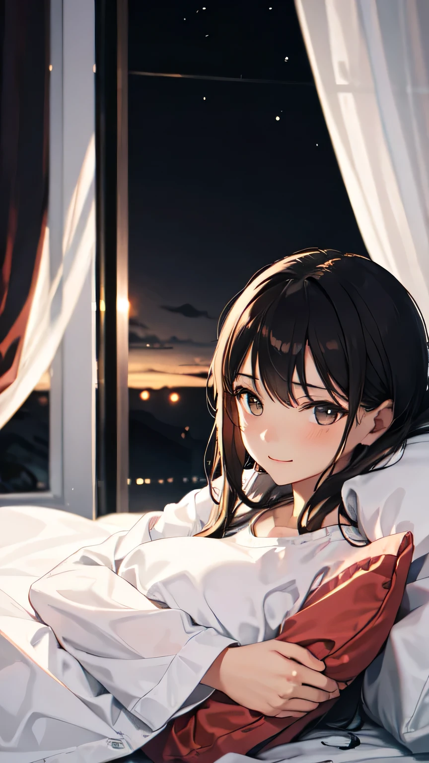 Late Night,One beautiful girl,High resolution,Bedroom at home,Tired look,bed,Soft duvet,smile,Twilight.Calm breathing,peace