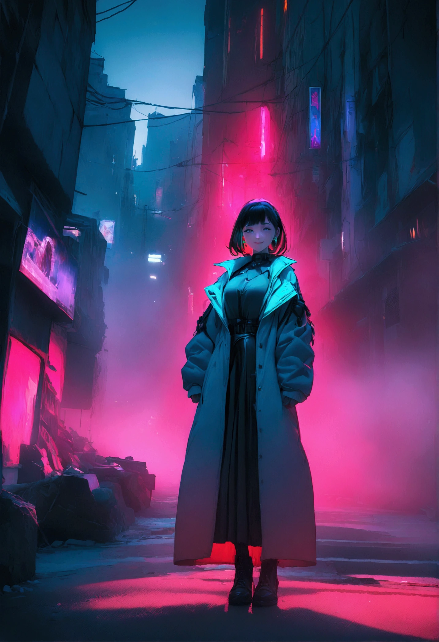 (8k, RAW Photos, highest quality, masterpiece: 1.2), beautyfull woman 30 years old, cyberpunk, animation, fantastic and mysterious background, high saturation, high contrast, smiling face, full body shot  