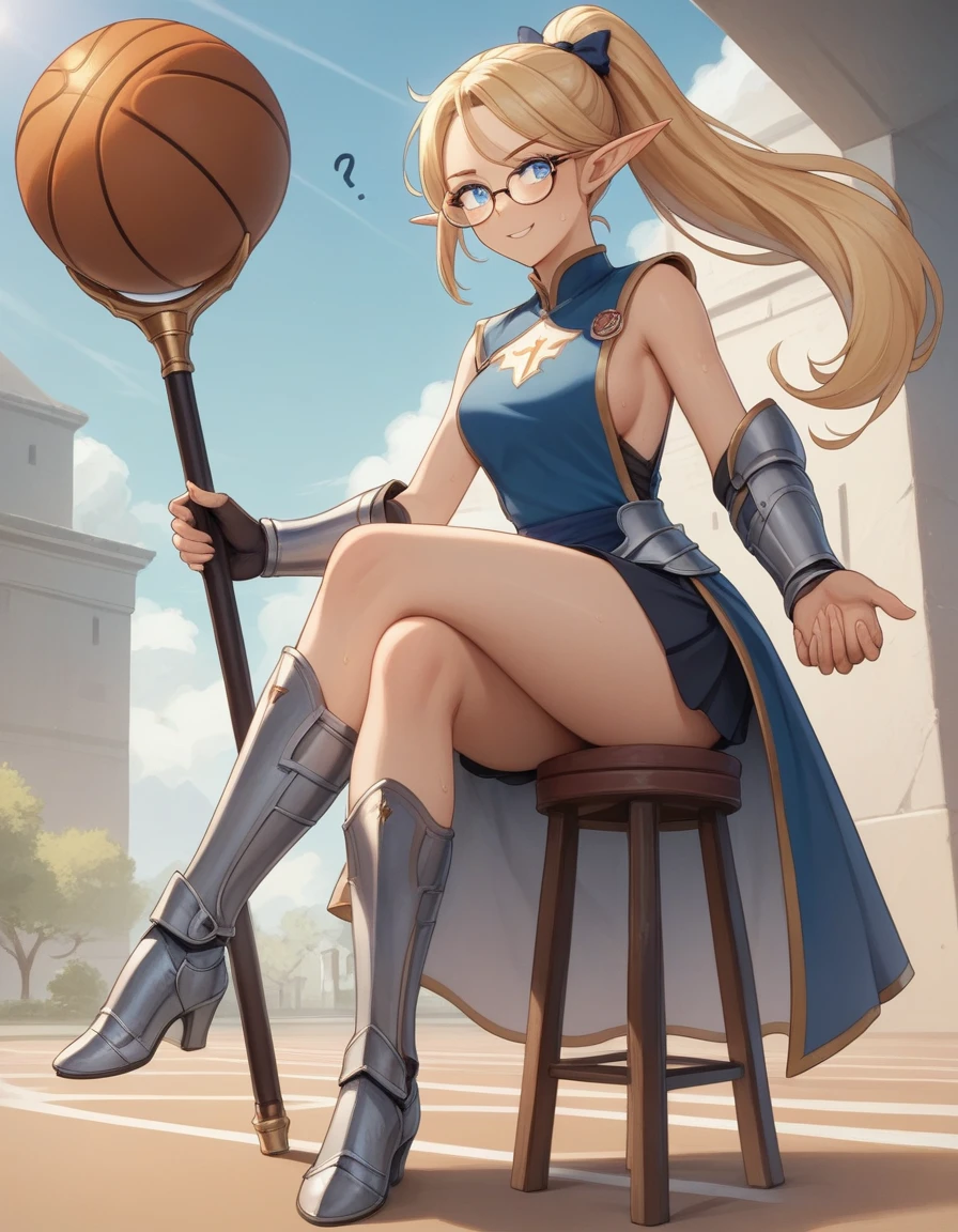 Solo, Thin tall elf woman, solo, blonde hair , pony tail hair style, puzzled face, sweat, glowing blue eyes, full body shot, attractive smile, perfect slim body, wearing a chain tabard, blue armored skirt, metal armored boots, circular glasses, visible arms, gauntlets with ice on them, carrying a large magical staff, holding a map in one hand. Face is confused, puzzled expression, normal angle shot, one hand holding map, one hand throwing a basketball behind her. looks lost, sitting on stool, in magical academy, hair is up in ponytail, adult female, long legs, front perspective.
