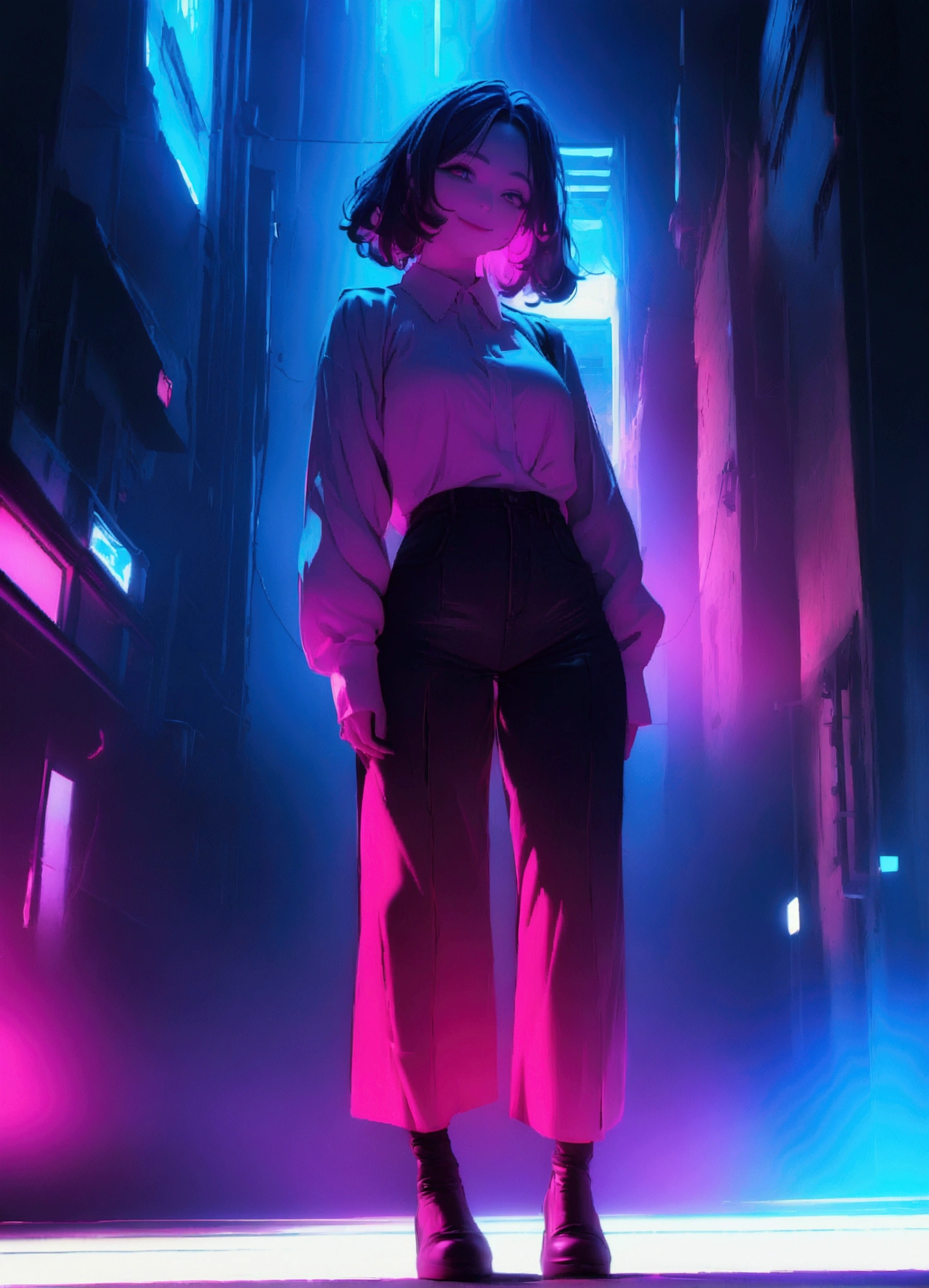 (8k, RAW Photos, highest quality, masterpiece: 1.2), beautyfull woman 30 years old, cyberpunk, animation, fantastic and mysterious background, high saturation, high contrast, smiling face, full body shot