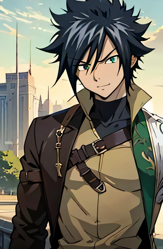 ((arte estilo anime)), (the highest image quality), (detailed strokes), Looking at the Viewer, facing the viewer , showing the whole body, , He is a 17 year old teenager, very white skin, He has slightly disheveled black hair , light green eyes, anime art style Fairy Tail , sexy face, He is dressed in the anime male clothes "Fairy Tail", , 8k, high quality, masterpiece, , cinematic, vivid colors, shining green eyes