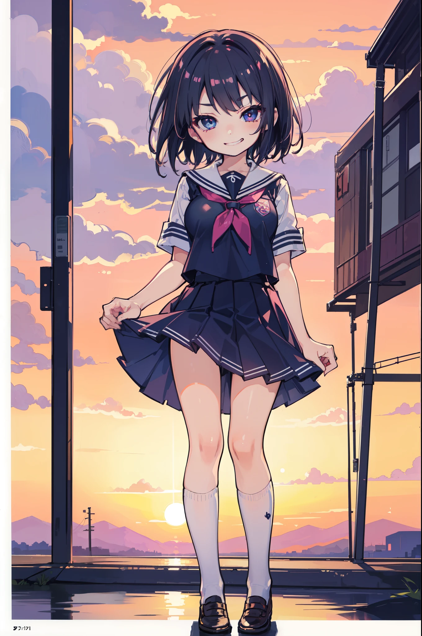 (Ideal:1.1), (perfection:1.1), (flawless:1.1), (highest quality:1.2), (best quality:1.2), (amazing sunset:1.1), 1girl, (kawaii:1.1), (school uniform:1.1), (little girl:1.1), (child:1.1), (loli:1.1), (naughty smirk:1.2), detailed body, huge breasts, short hair, highly detailed eyes, highest quality eyes, 4K, highest quality resolution, best quality resolution, best quality upscale