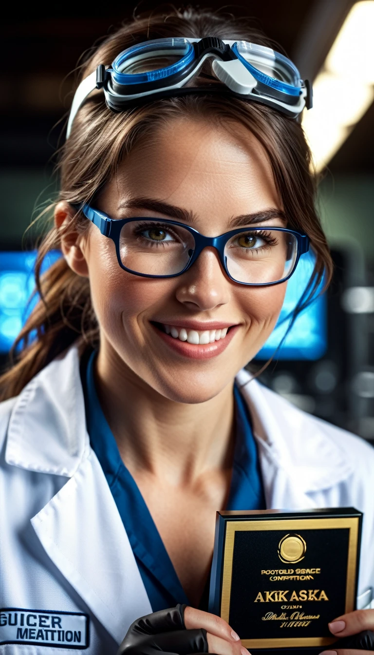 cowboy shot, award-winning moment,a woman winning a world science competition, beautiful detailed eyes, beautiful detailed lips, extremely detailed eyes and face, long eyelashes, scientist, holding an award, smiling, happy, lab coat, protective goggles, serious expression, dramatic lighting, cinematic composition, cowboy shot, muted color palette, hyper realistic, 8k, best quality, masterpiece, photorealistic
