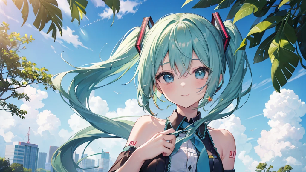 (((Highest quality、masterpiece、Ultra-fine、Ultra-fine、Green Hair,Exquisite、16K、,The best smile,Full HD、Asahi、Angle from below,Hatsune Miku,))), ((summer,Private Server,)))Blue Eyes、Long eyelashes、White skin、(Pale pink lips、Pale pink cheeks、thin and long)、 (((cute,The best smile)), ((One person)) 、(blue sky)) 、 (Tree swaying in the wind々の葉音が summerの終わりを告げるように 自然の中で感じるこの瞬間 心に刻まれるsummerの思い出)、