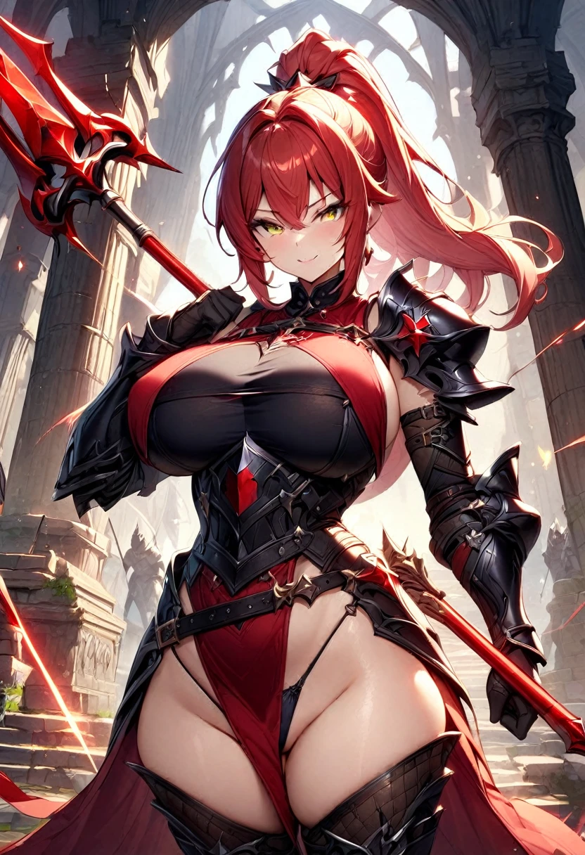 masterpiece,best quality, knight, long hair, red hair, ((Ponytail)), yellow eyes, perfect face, black armor,, ((exposed arm)), red_ornaments, red_tabard, thong, belt, Spear, ((big tits)), exposed belly, smiling, 1girl, strikes, Perfect face, thick thighs, ,add_detail:1, add_detail:0, add_detail:0.5,((weapon_spear)),((Spear))
