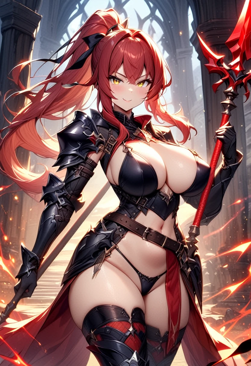masterpiece,best quality, knight, long hair, red hair, ((Ponytail)), yellow eyes, perfect face, black armor,, ((exposed arm)), red_ornaments, red_tabard, thong, belt, Spear, ((big tits)), exposed belly, smiling, 1girl, strikes, Perfect face, thick thighs, ,add_detail:1, add_detail:0, add_detail:0.5,((weapon_spear)),((Spear))