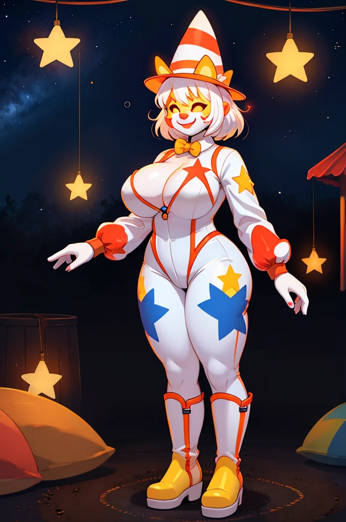 ((girl)), (((1girl)))), (((solo))), ((((alone)))), ((long white hair)), ((fully enclosed smiling white clown helmet)), ((orange glowing eyes)), ((clown hat)), (((faceless))), (((no face))), (((hidden face))), ((((pale skin)))), wide hips, narrow waist, thick thighs, standing in a circus tent, ((huge breasts)), (((full body skin tight colourful(white blue yellow orange) clown suit with star decals))), (yellow boots), (((short)))