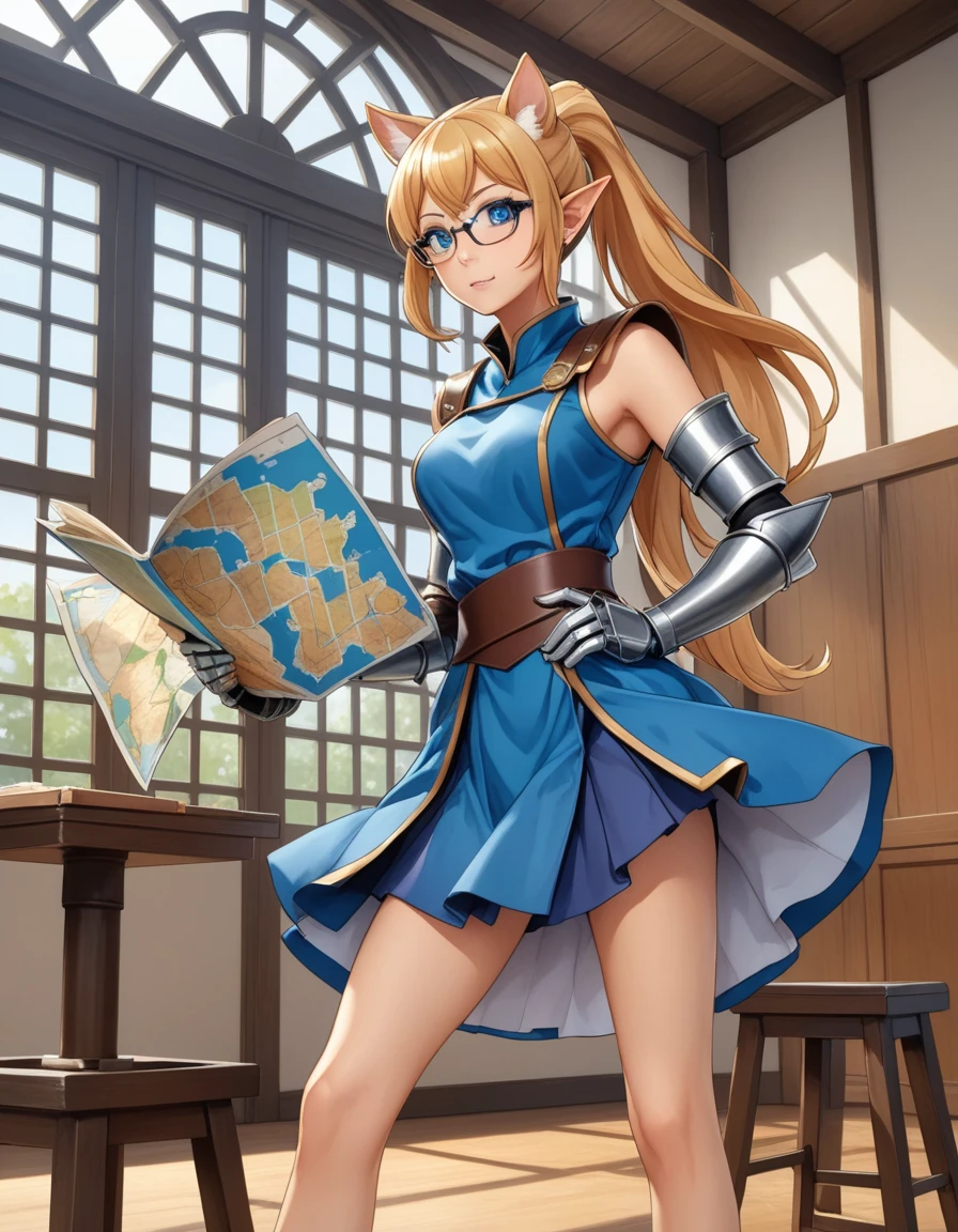 Solo, Score_9, score_8_up, score_7_up, kemono style, Kimiko, thin tall elf woman, solo, blonde hair , pony tail hair style, puzzled face, sweat, glowing blue eyes, full body shot, attractive smile, perfect slim body, wearing a chain tabard, blue armored skirt, metal armored boots, circular glasses, visible arms, gauntlets with ice on them, carrying a large magical staff, holding a map in one hand. Face is confused, puzzled expression, mid angle shot, one hand holding map, one hand throwing a basketball behind her. looks lost, sitting on stool, in magical academy, hair is up in ponytail, adult female, long legs, throwing basketball over shoulder backwards.