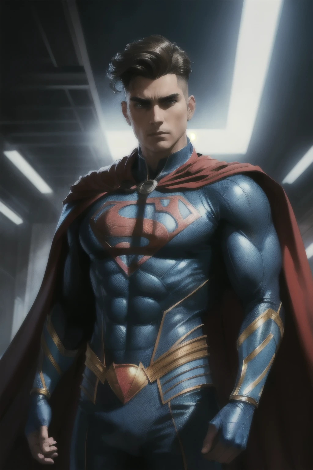 ((best quality)), ((artwork)), ((detailed)), man, styled hair, blue superhero outfit, with cape.