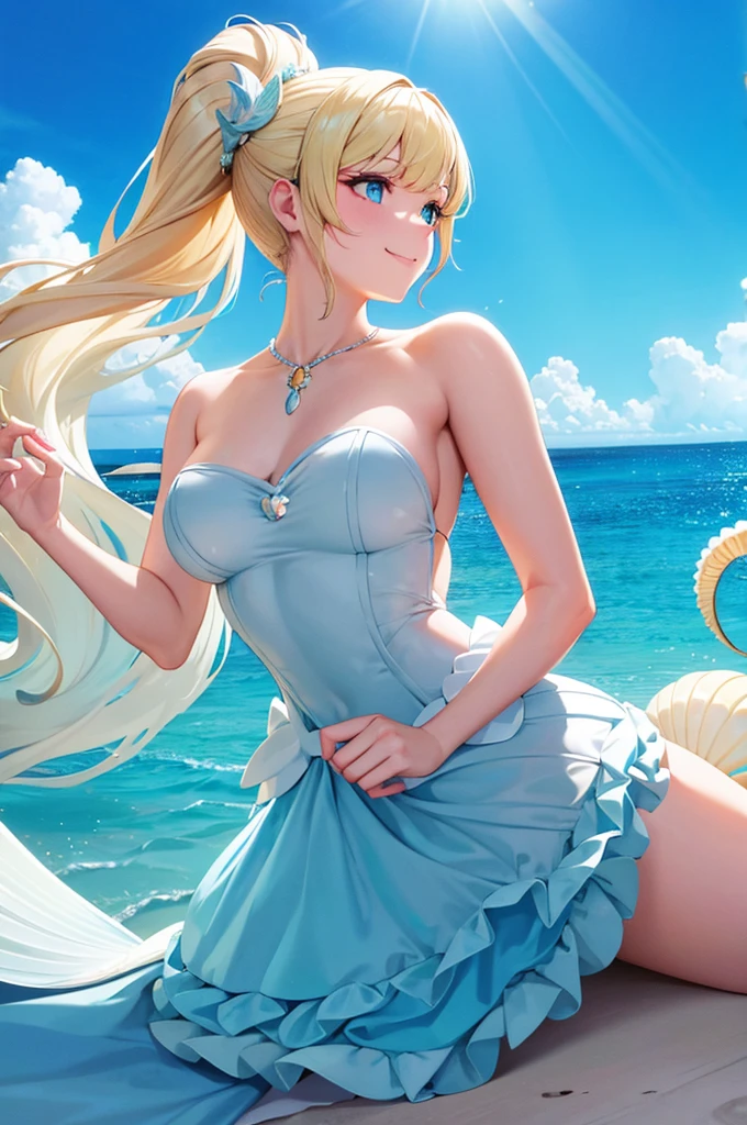 Blonde ponytail Light blue eyes Seashell hair ornament smile Light blue mermaid frilly dress Clear blue sea Light of the sun Seashell piercing Pink shells