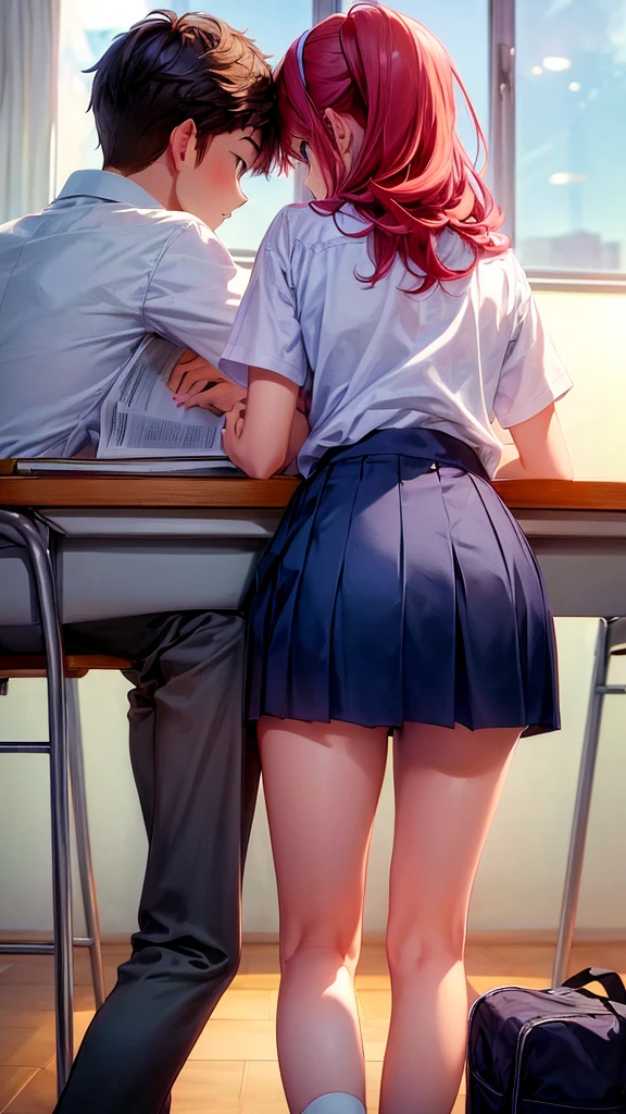 A couple is studying in school. It is evening. The couple is wearing short clothes.