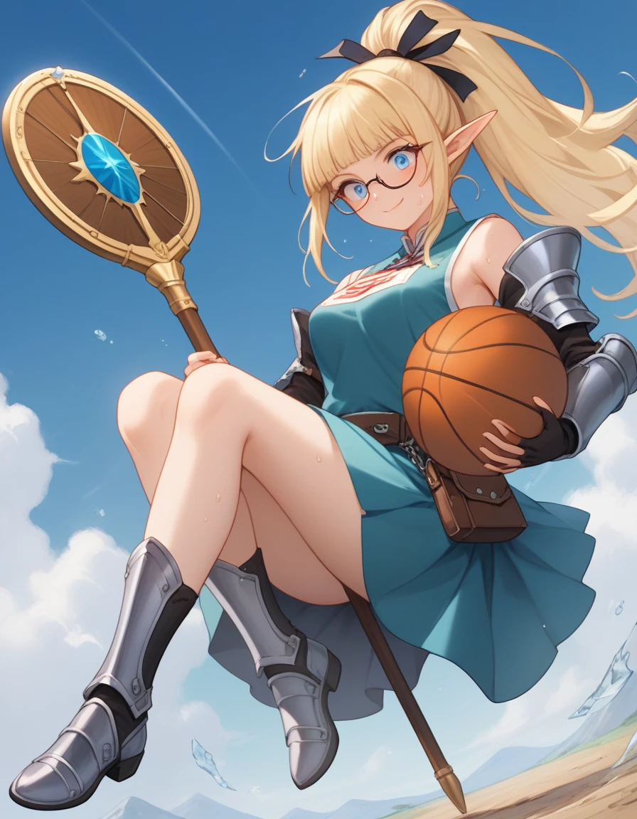 Solo, Score_9, score_8_up, score_7_up, kemono style, Kimiko, thin tall elf woman, solo, blonde hair , pony tail hair style, puzzled face, sweat, glowing blue eyes, full body shot, attractive smile, perfect slim body, wearing a chain tabard, blue armored skirt, metal armored boots, circular glasses, visible arms, gauntlets with ice on them, carrying a large magical staff, holding a map in one hand. Face is confused, puzzled expression, mid angle shot, one hand holding map, one hand throwing a basketball behind her. looks lost, in magical academy, hair is up in ponytail, adult female, long legs.